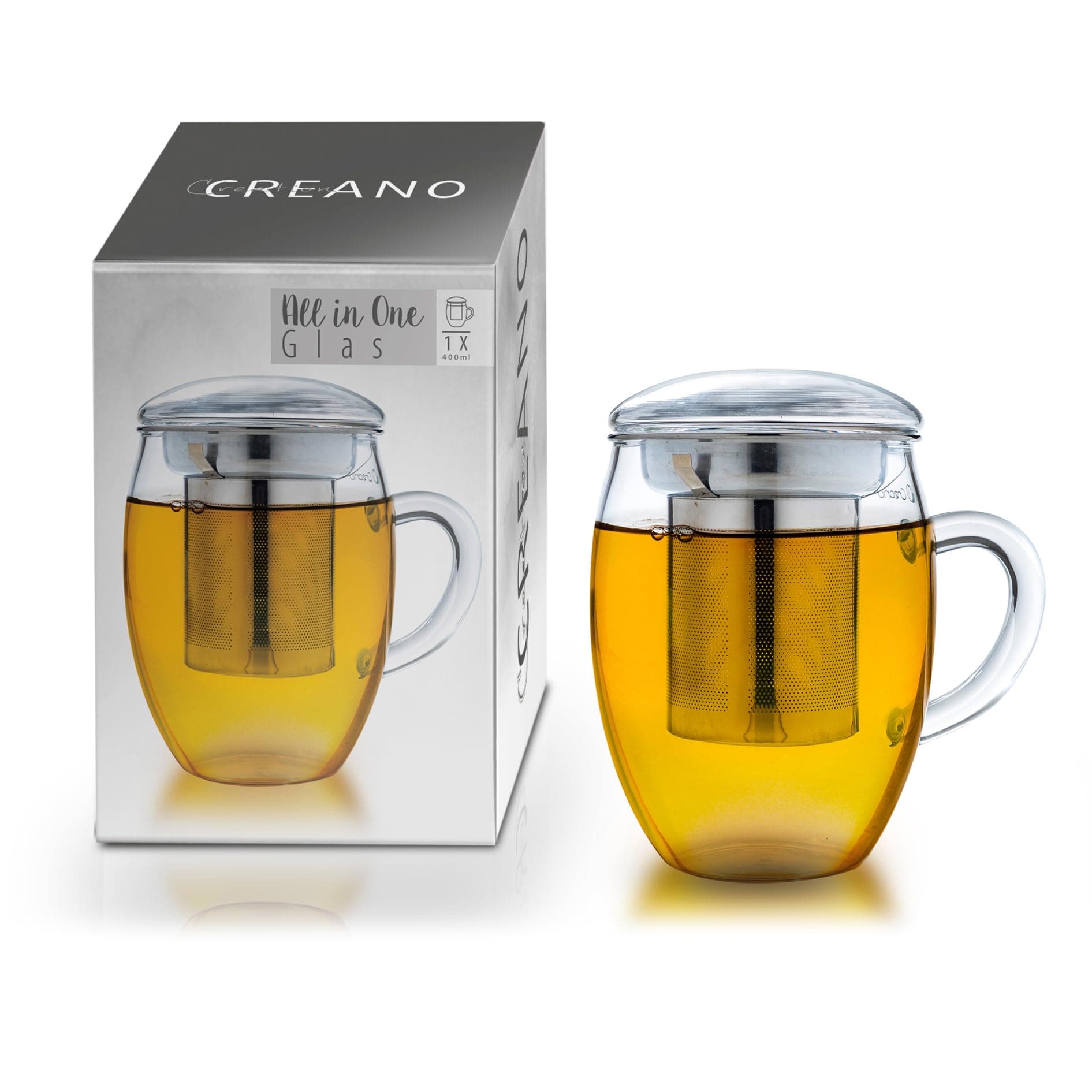 Creano Tea Glass with Stainless Steel Infuser and Lid 400ml - Large Tea Cup - Microwave & Dishwasher Safe - Loose Leaf Tea Maker Gift Set