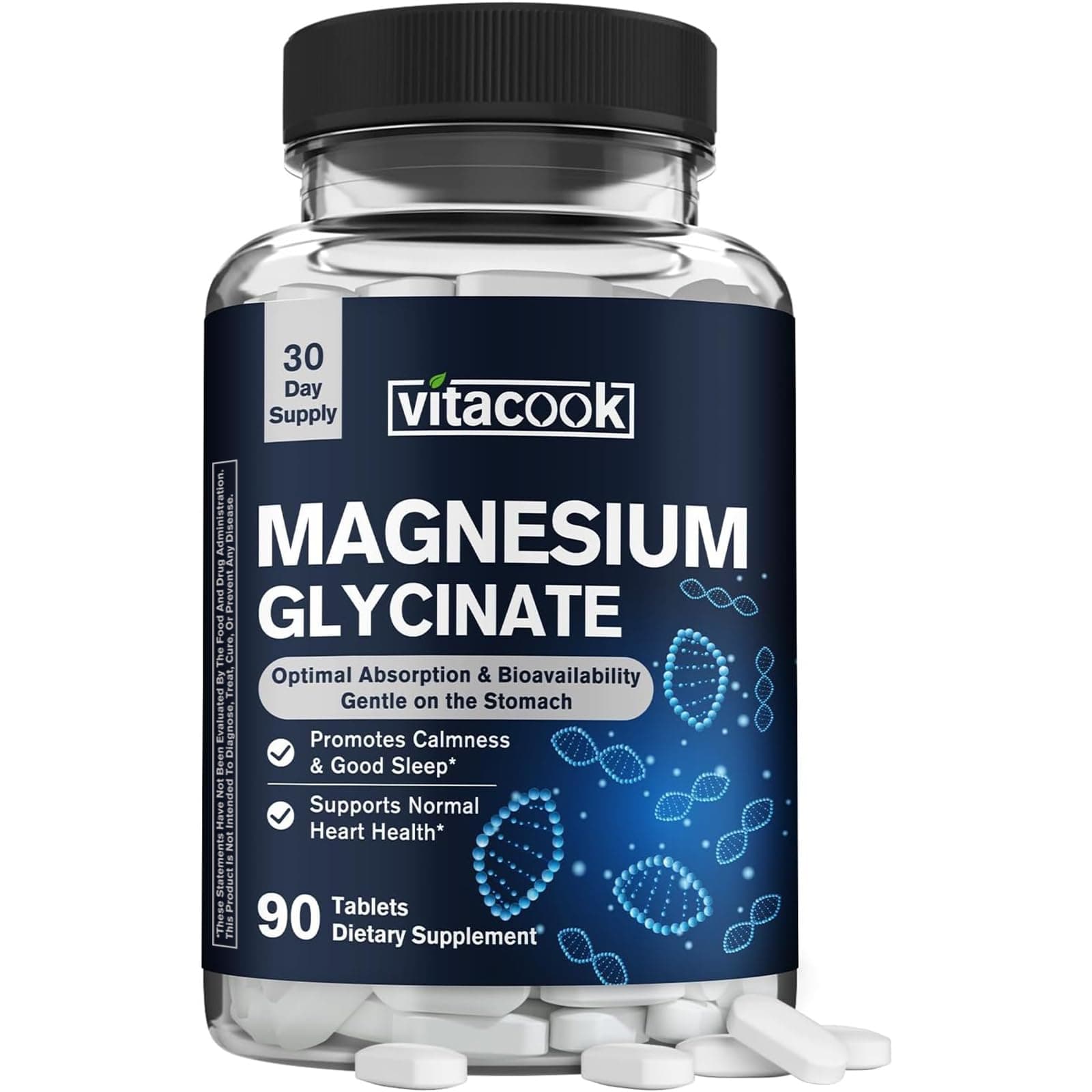 Magnesium Glycinate 300 mg, Natural Calmness, Healthy Mood & Cardiovascular Support, High Potency and Ultra-Absorbable, Non Buffered, Non-GMO, 90 Tablets