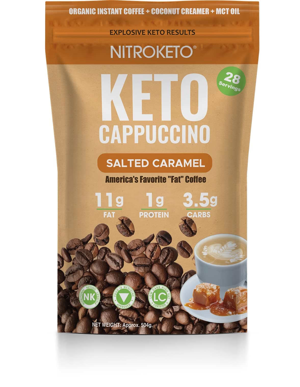 Keto Cappuccino - Salted Caramel - Keto Instant Coffee Mix with MCT Oil - Low Carb/High Fat, Organic Coffee Supports Ketosis - Energy Coffee - No Sugar - Made in USA – 28 Servings