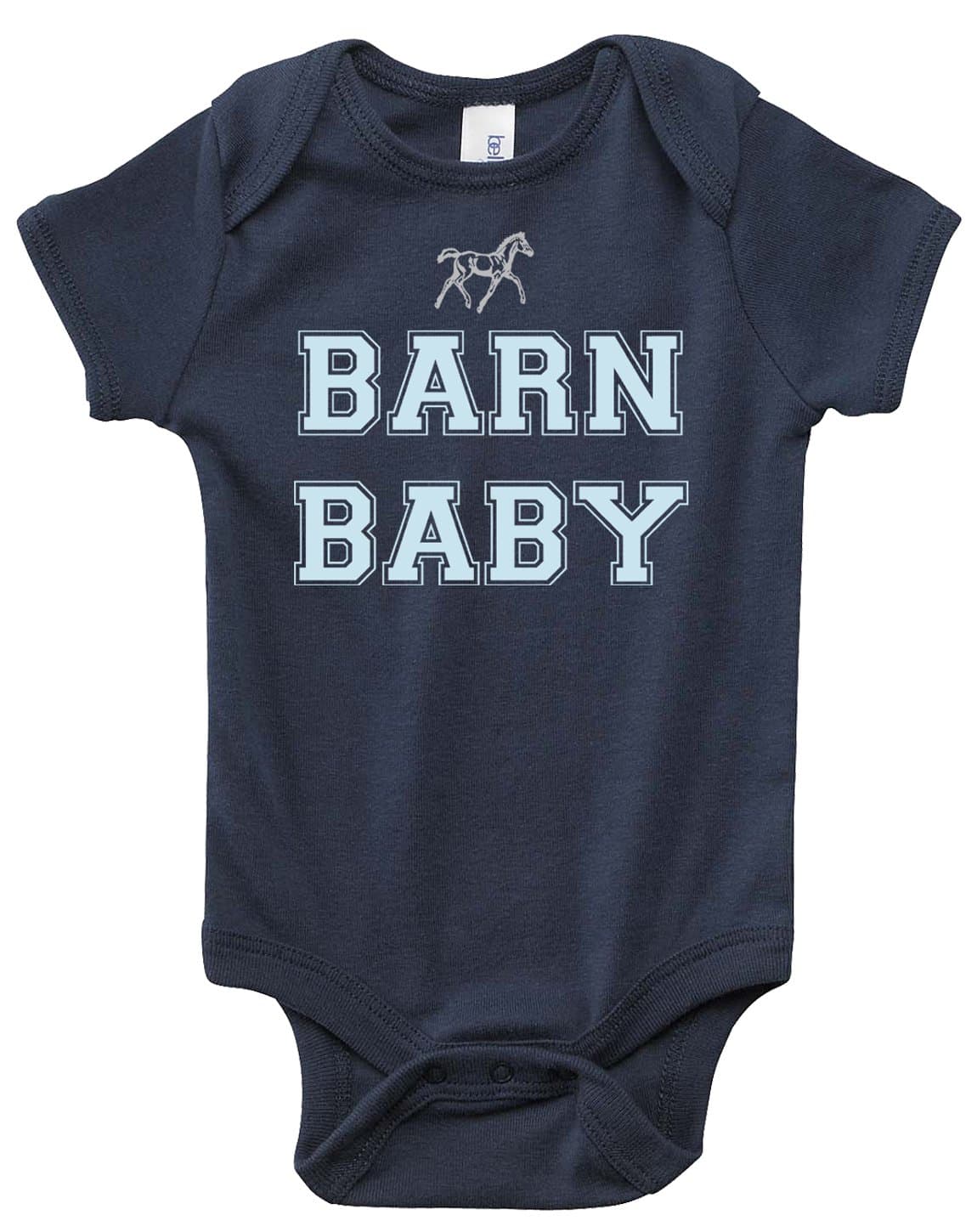 Equestrian Creations Barn Baby Horse Onesie, Navy Blue with Light Blue Lettering for Infant Boys - Pony Lover Bodysuit Gift