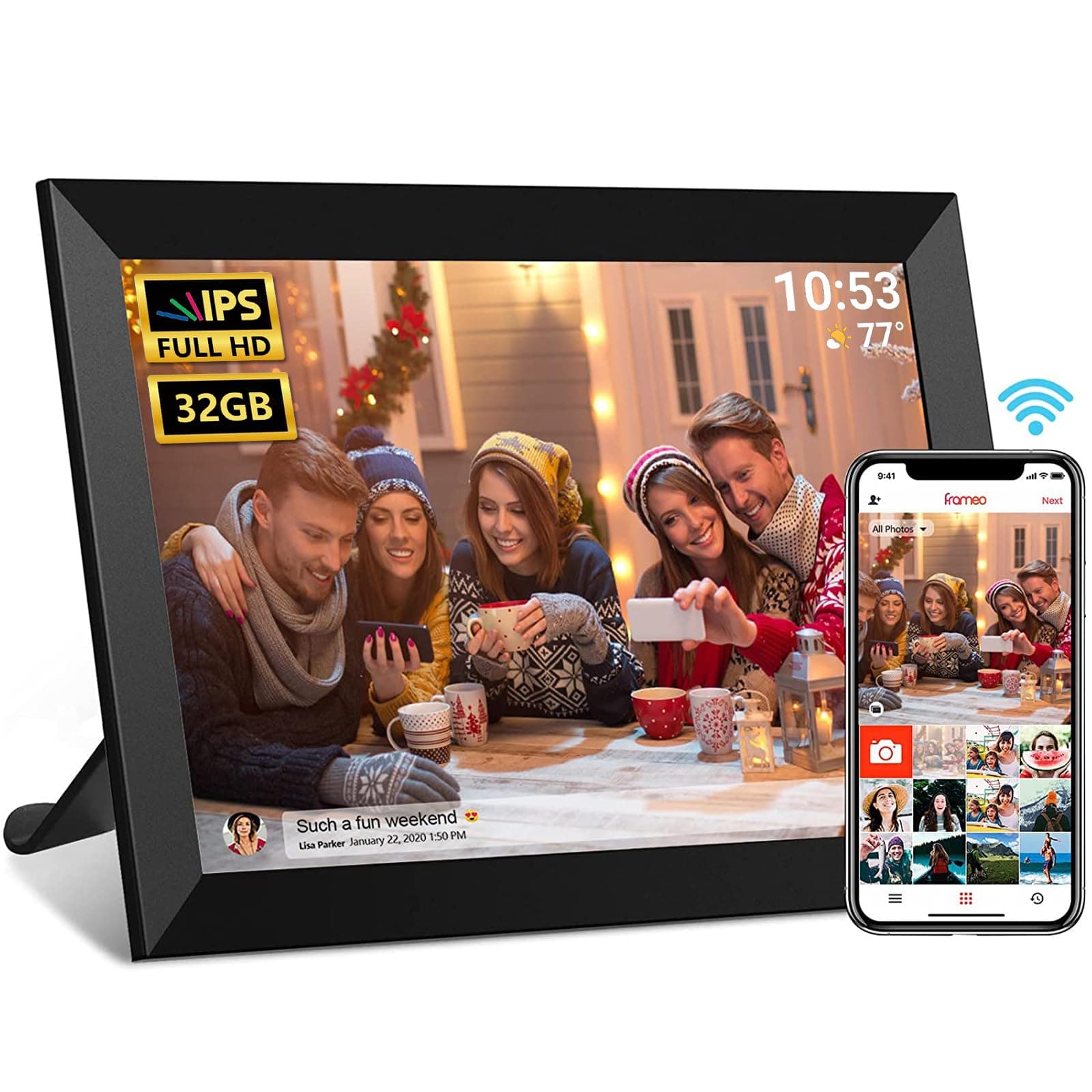 FRAMEO Digital Photo Frame, 10.1 Inch Wi-Fi Digital Picture Frame with 1280x800 IPS Touch Screen, Built-in 32GB Storage, Easy to Share Photos or Videos via Frameo App Auto-Rotate (Black)