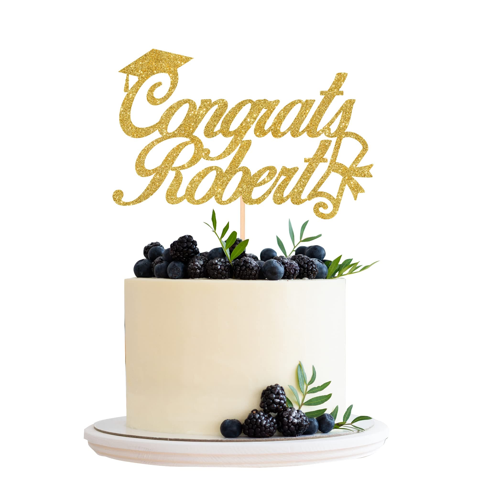 Pomchick, Personalised Congrats Name Glitter Cake Topper, Approx. 6”, Gold Silver Black +6 Colours, Graduation Hat Prom Diploma Scroll Cap Class of Theme Birthday Party Decoration