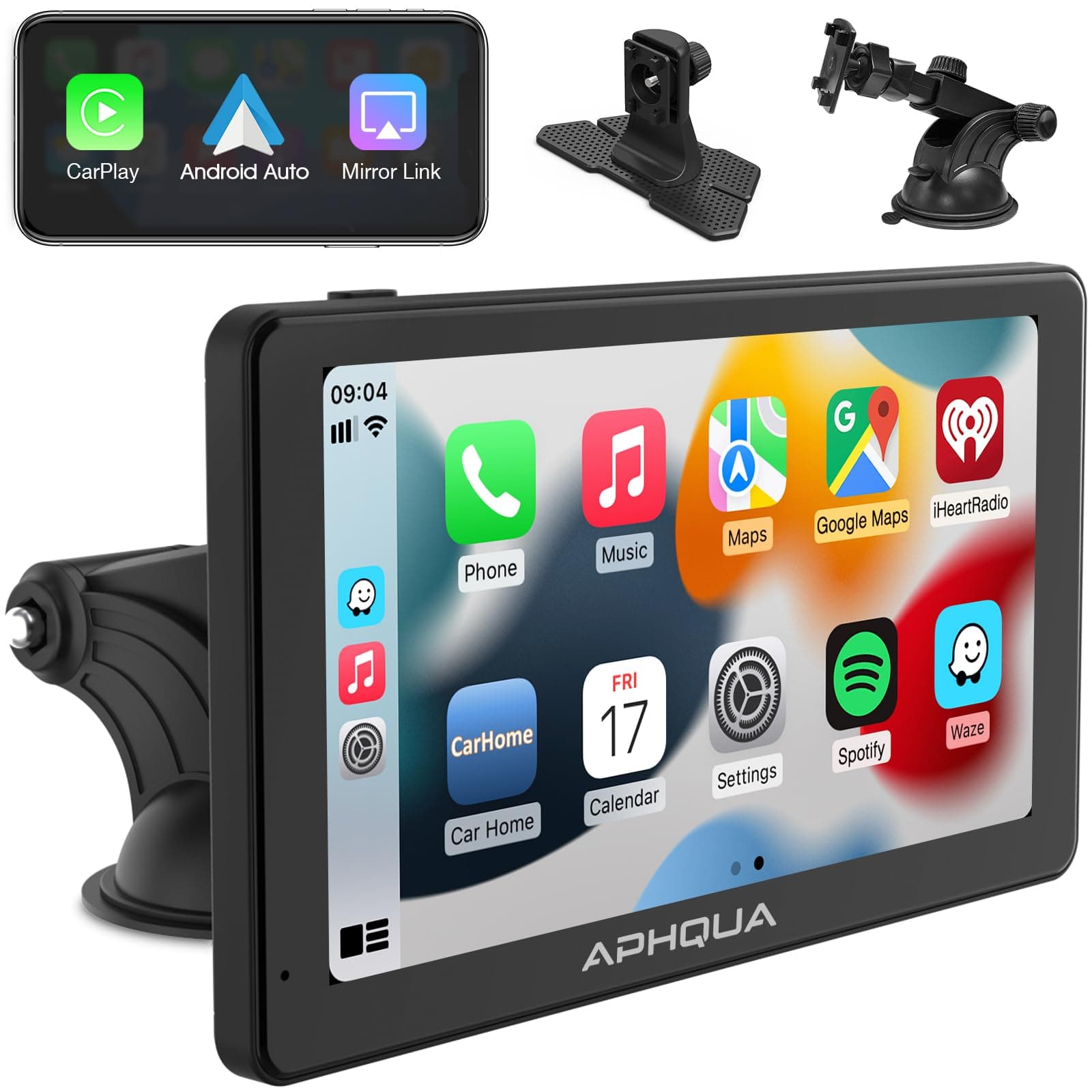 APHQUA A3-2 2024 Apple CarPlay and Android Car Stereo Portable Wireless Car Stereo with Removable Sunshade, 7" IPS Touch Screen Bluetooth Handsfree