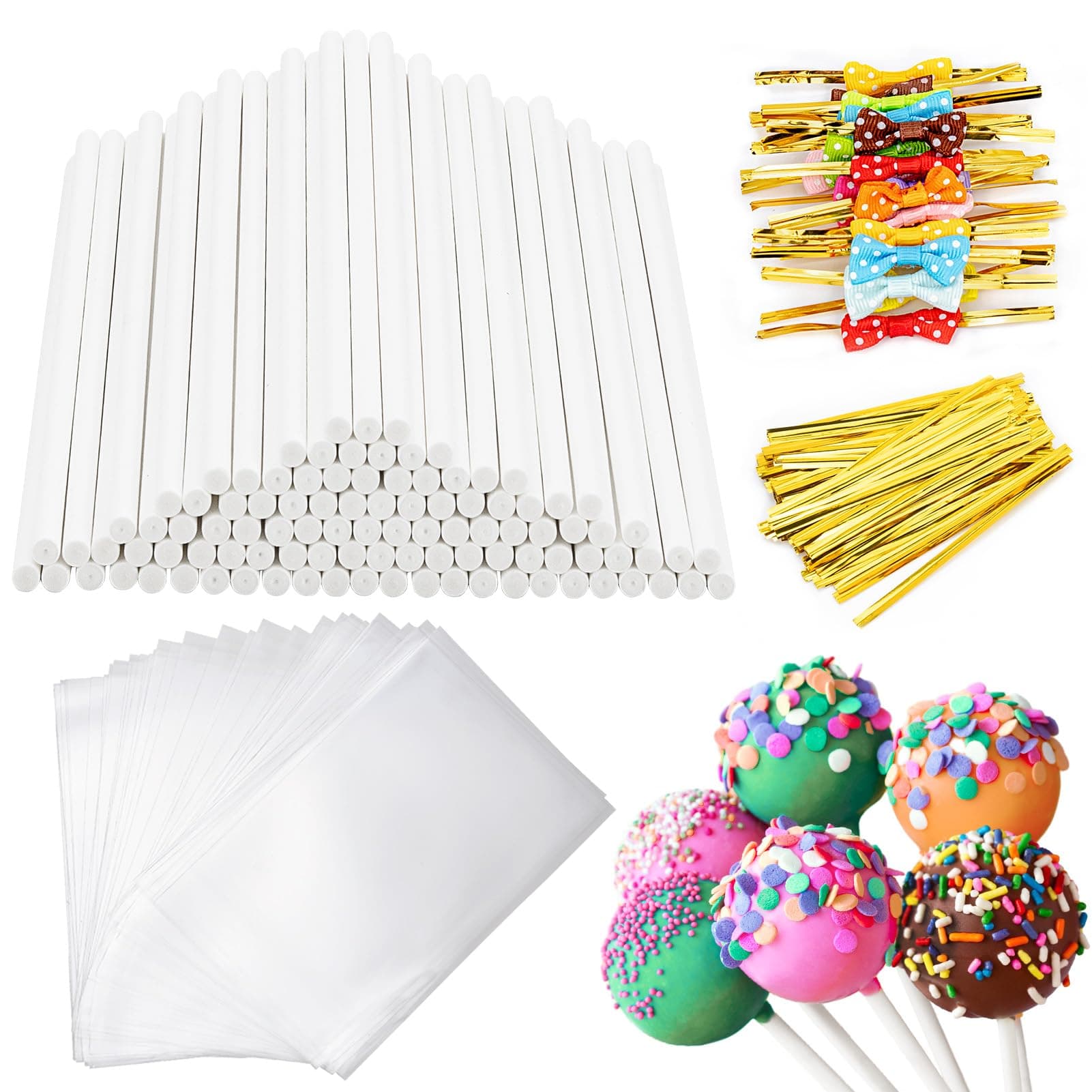 SOTMALTK 320Pcs Cake Pop Sticks and Wrappers Kit, Lollipop Sticks with Cake Pop Bags and Metallic Twist Ties Bow, Perfect for Making Lollipops,Candies,Chocolates and Cookies - Great for Parties