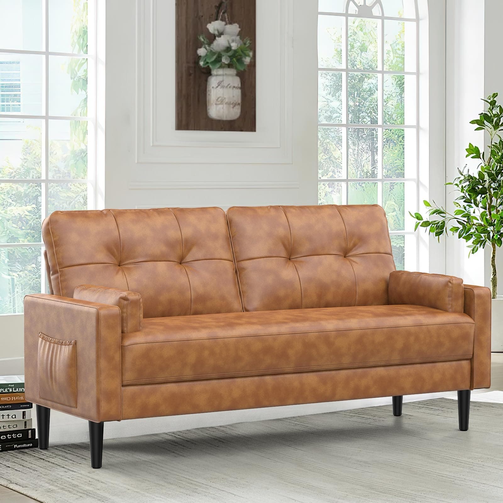 2 Seater Sofa, Modern Sofa Couch with Thicken Cushions, 2 Pillows, Comfy Leather Sofa with 2 Pocket Storage for Living Room/Bedroom/Office, Easy Assembly Small 2 Seater Sofa (Brown)