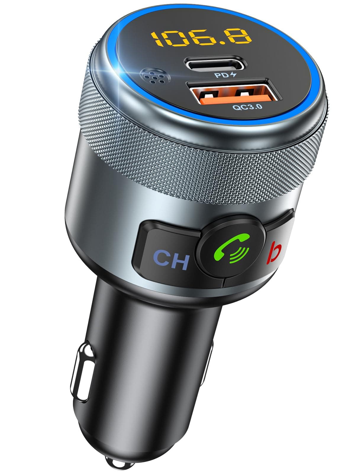 LENCENT Car FM Transmitter, Wireless Bluetooth 5.1 Radio Adapter Car Kit with Big Button, Type C PD 20W and QC3.0 18W Car Fast Charger, Bass Lossless Hi-Fi Sound Music Streaming, Wireless Call