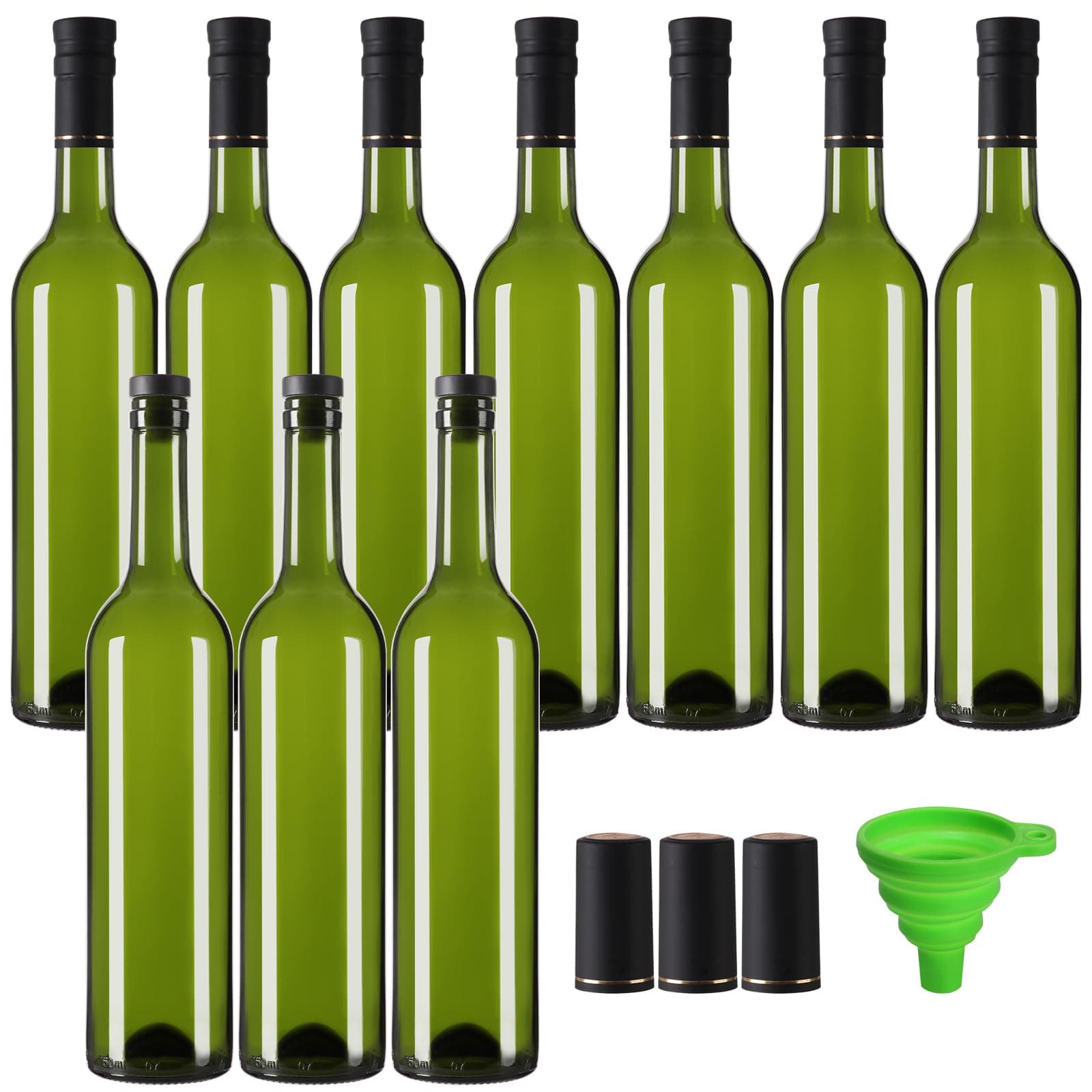10 Pack 750 ml Green Glass Bottles With T-top Caps & Seal Shrink Capsules, Wine Bottles, Empty Wine Bottles with Funnel for Wine, Beverages, Juice & Kombucha