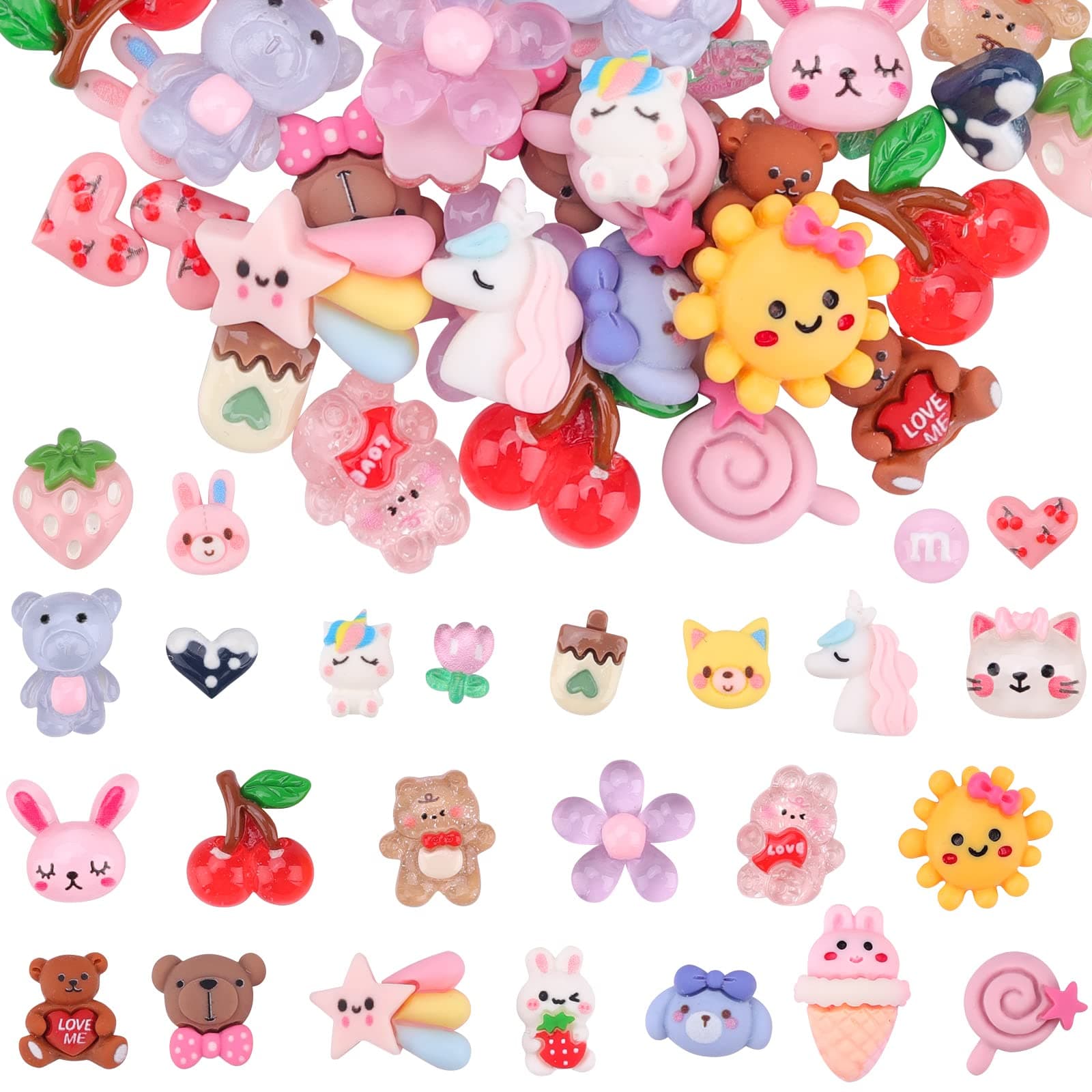 EBANKU 100 Pcs Kawaii Nail Charms, Flatback Resin Nail Charms Sweet Candy Slime Animals 3D Nail Decoration for DIY Crafts Jewelry Making