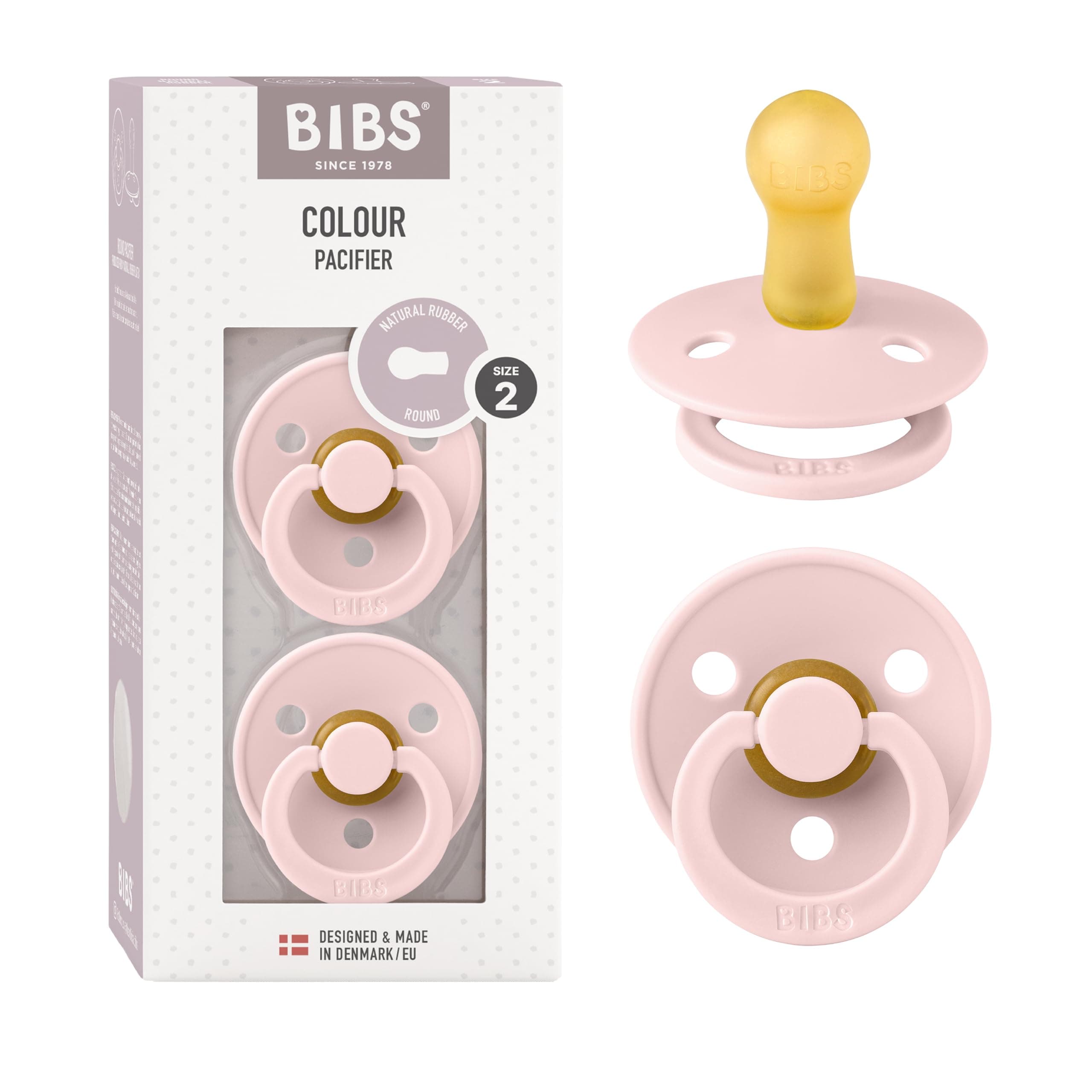 Bibs Pacifiers Color Collection, Set of 2 BPA-Free Latex Pacifiers Made in Europe, Round Nipple Baby Pacifier.