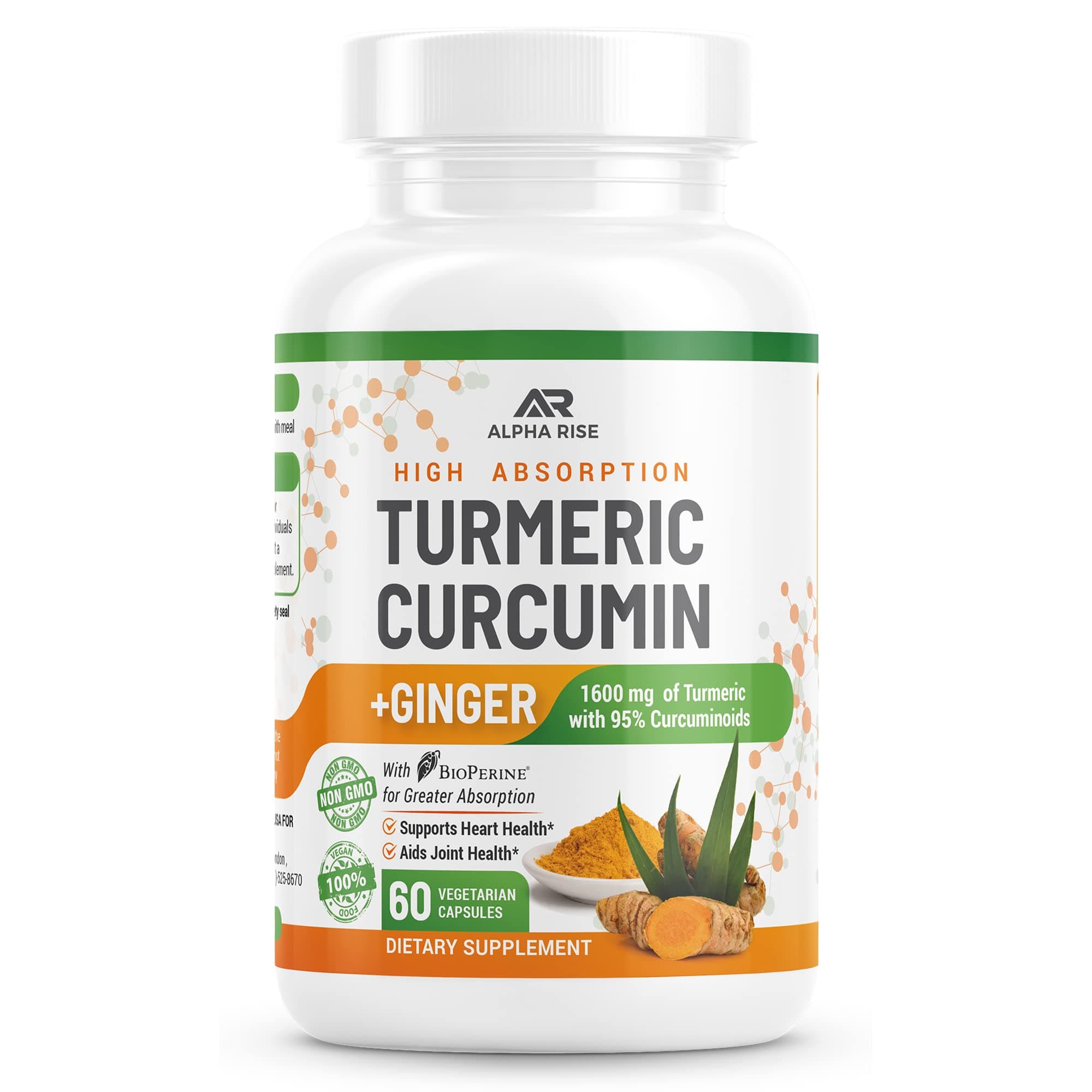 Vegan Turmeric and Ginger Supplement - 1600mg - Joint Support - 95% Curcumin Root Extract with 20mg Bioperine Black Pepper for Maximum Effect - 60 Veggie Capsules