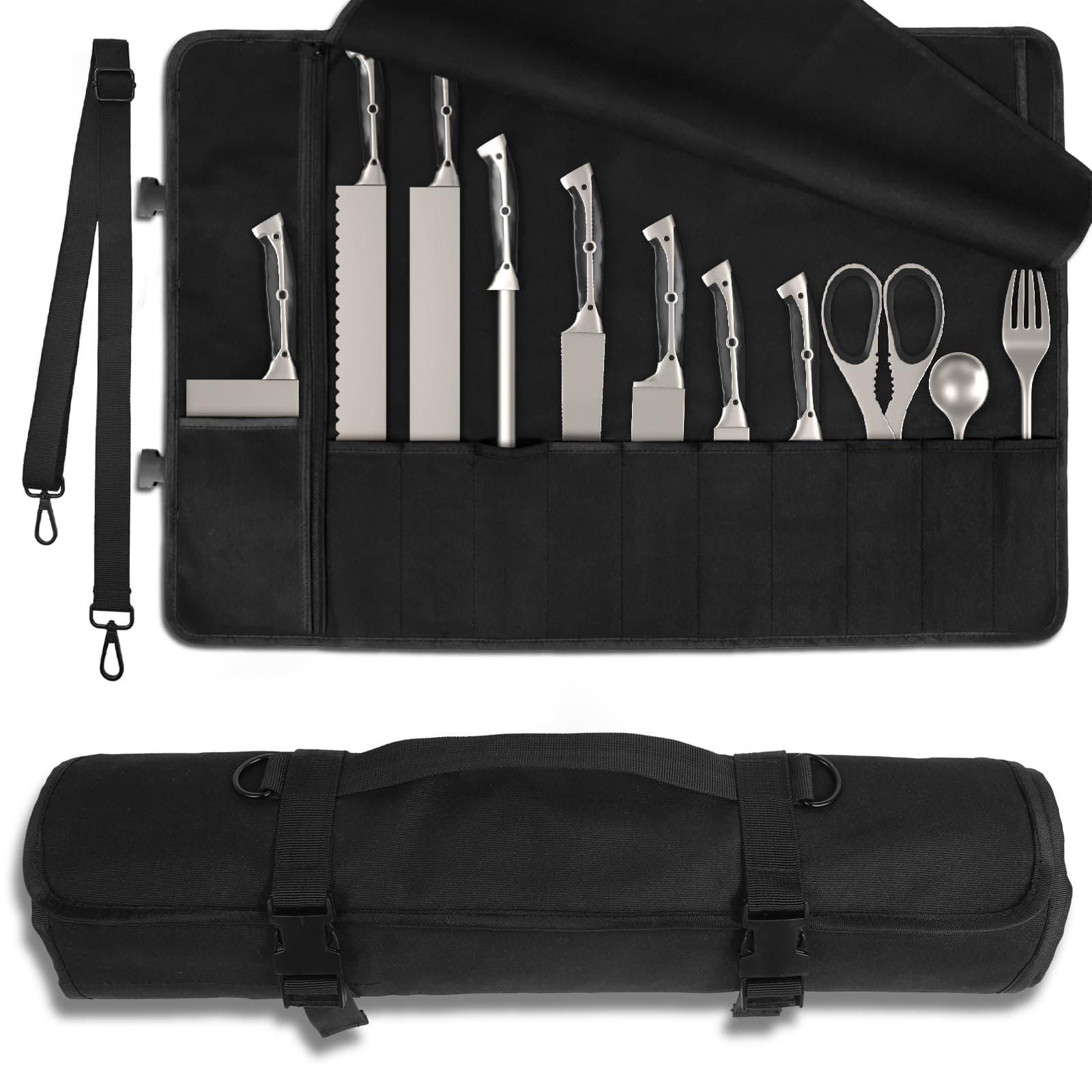 Upgraded Chef Knife Roll Bag, Waterproof Waxed Canvas Knife Case Holds Size Up to 18'', Portable Knife Holder with 11 Slots for Knives & Kitchen Tools with Adjustable Strap, Gift for Beginner or Pro