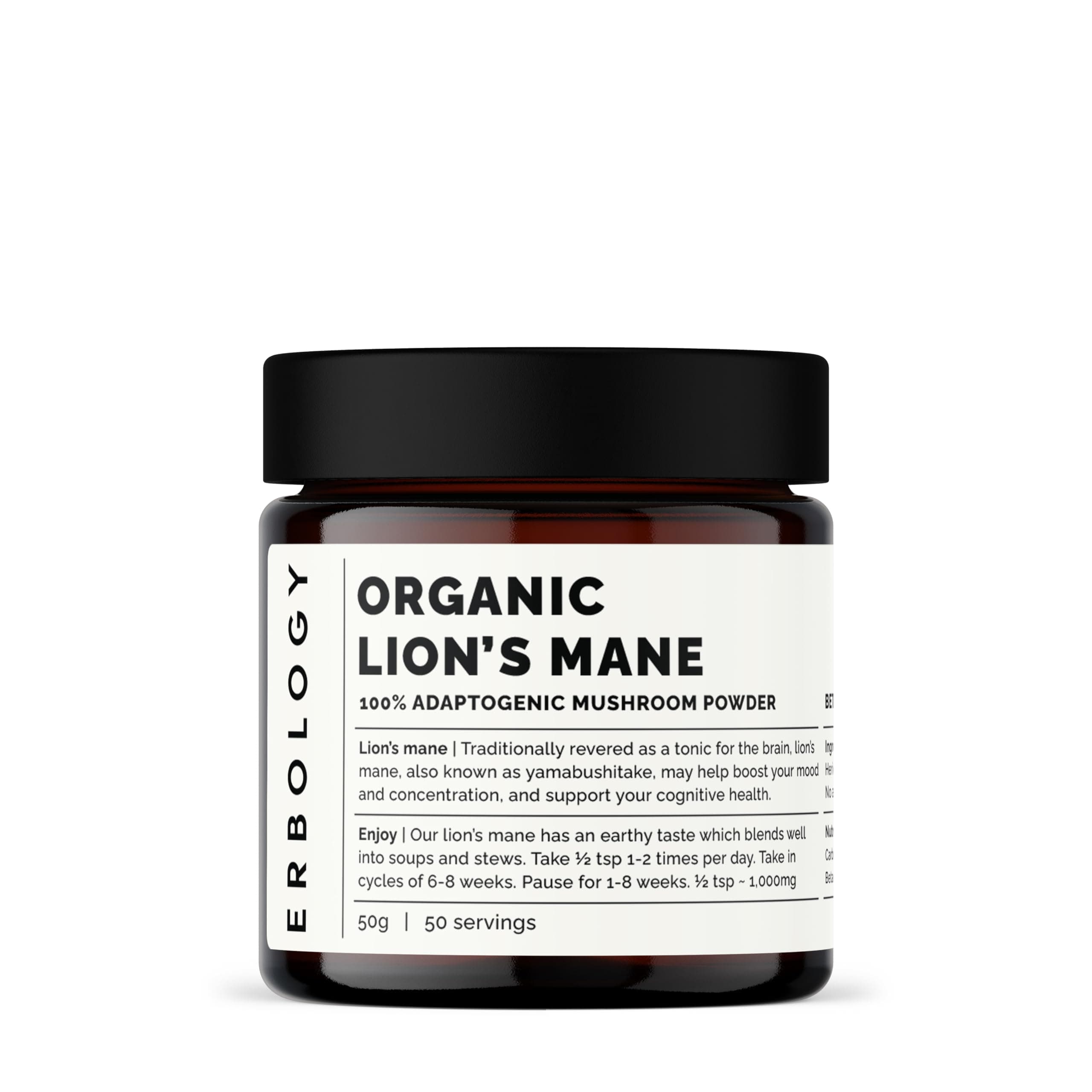 Organic Lion's Mane Powder 50g - 32% Beta-glucans - Hericium - No Added Starch - Non-GMO - 100% Adaptogenic Mushroom Made in Europe