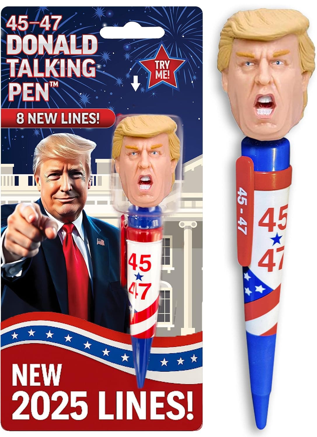 Donald Trump Talking Pen - Press His Hair & Hear 8 Real Voice Quotes - Funny Political Gag Gift for Men, Unique Trump Gifts, Novelty Desk Toy & Office Conversation Starter (Trump 45-47 Edition)