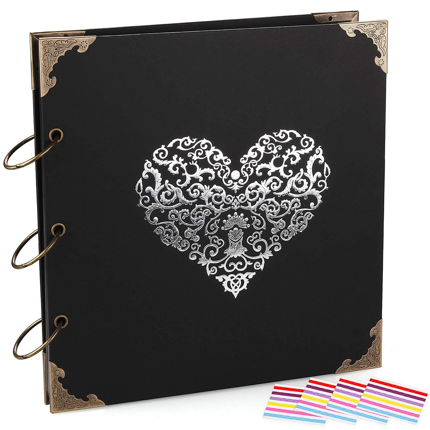 Photo Album DIY Scrapbook, 10x10 inch 50 Pages Double Sided, Vintage Hardcover Three-Ring Binder Picture Booth Albums with 6 Colors 408pcs Self Adhesive Photos Corners for Memory Keep (Black)