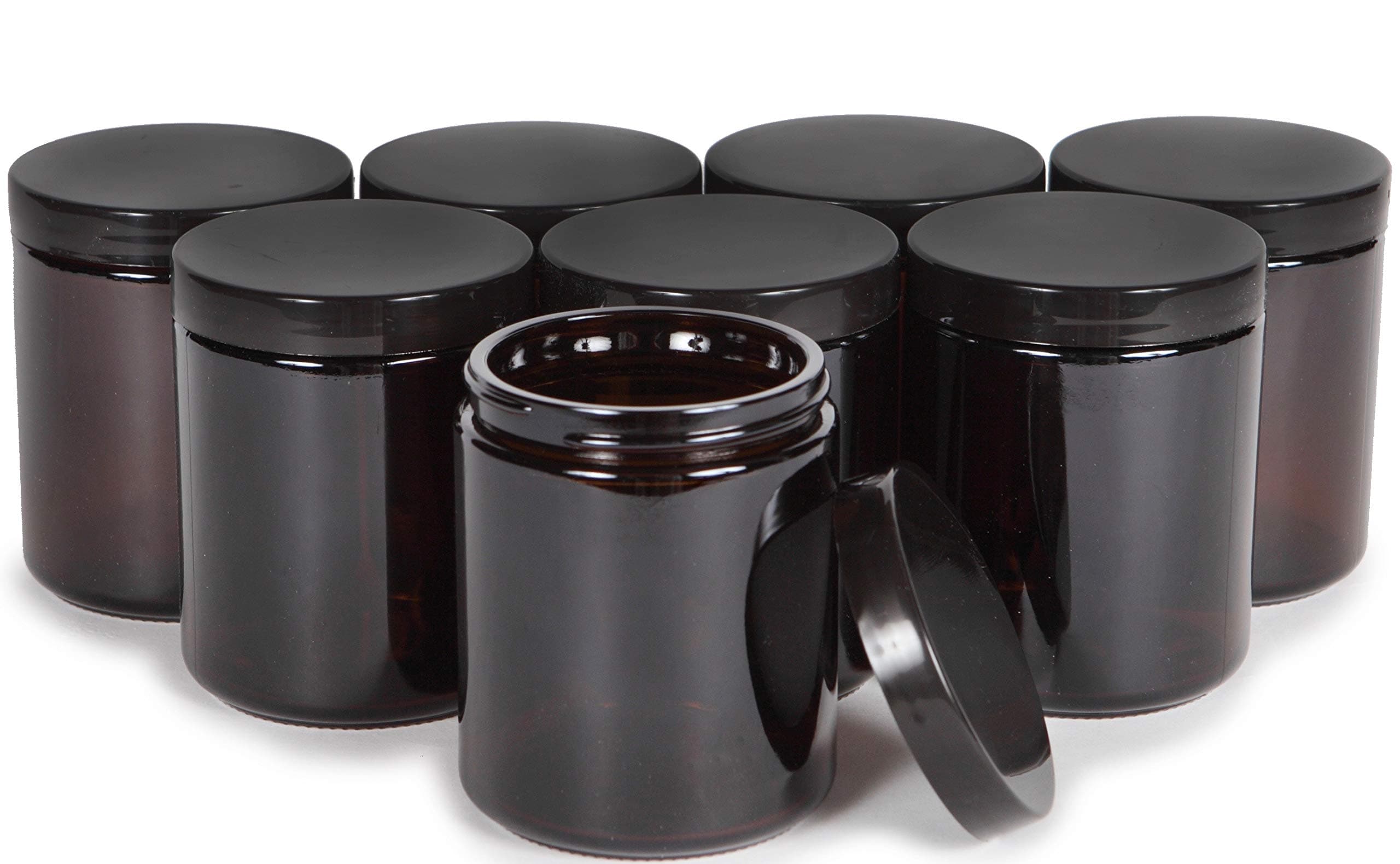 Amber, 8 ounce, Round Glass Jars, with Black Lids - 8 pack