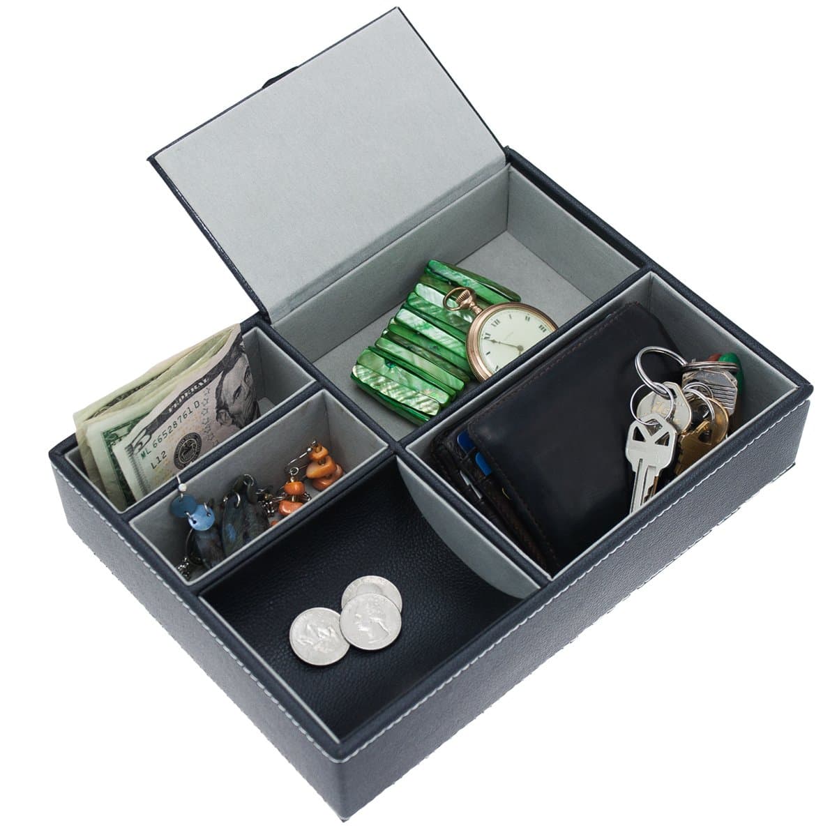 Faux-Leather Valet Tray Felt Compartments Jewelry Wallet Key Coins Storage