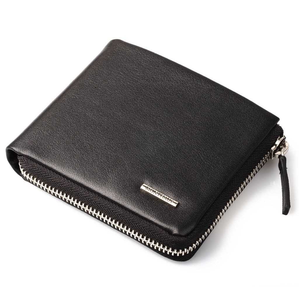 Men's Zippered Bifold Wallet with Deluxe Credit Card Flip Genuine Lambskin Leather,Black