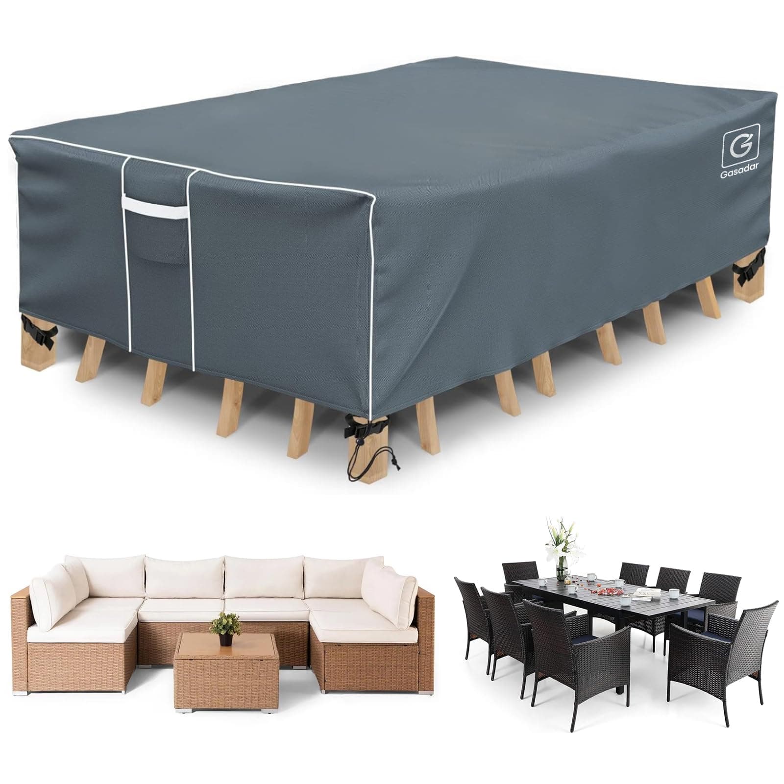 Gasadar Patio Furniture Covers, Outdoor Furniture Cover Waterproof, General Purpose, Outside Table and Chair Covers, Heavy Duty 600D 126L x 64W x 29H inch, Grey