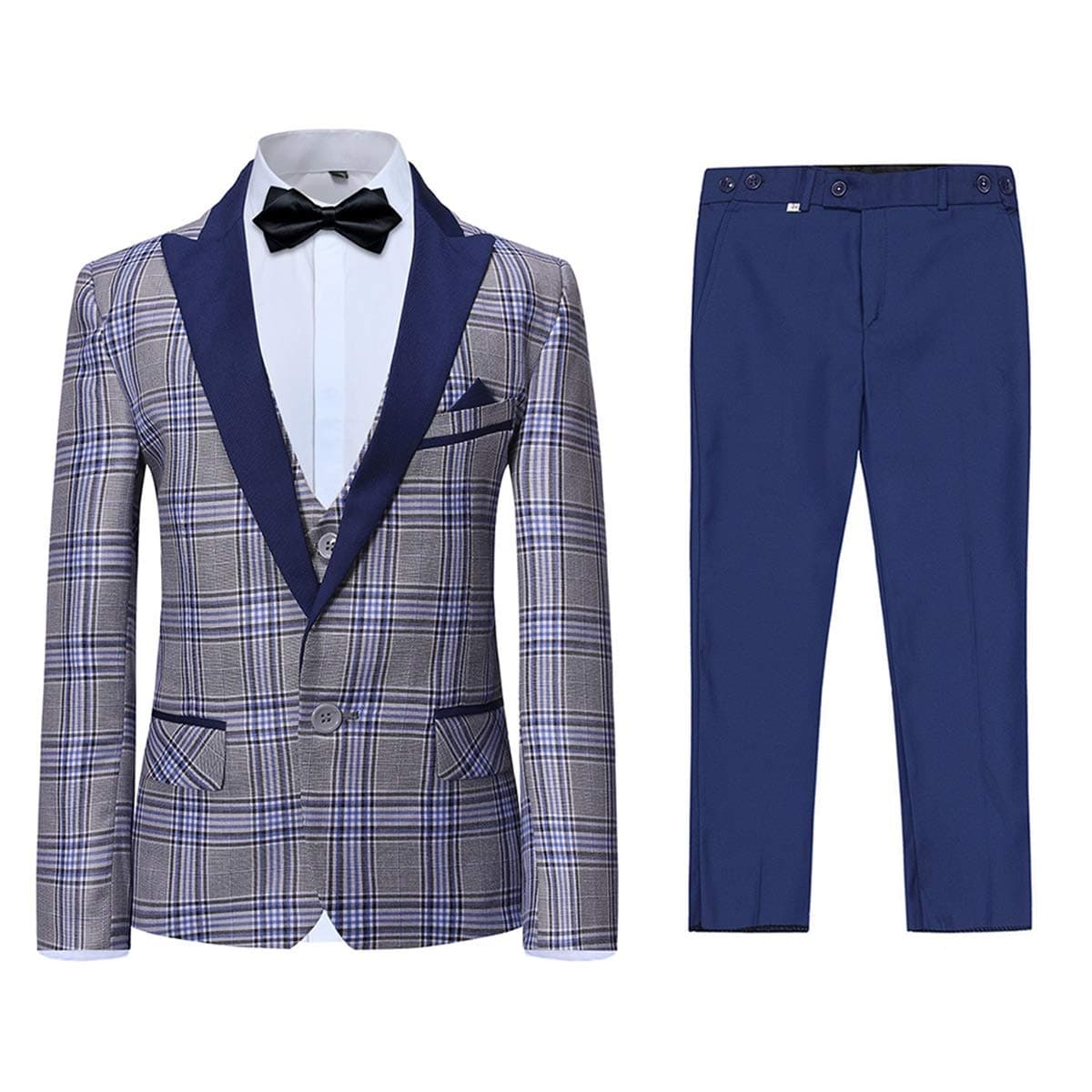 Boyland Boys 3 Pieces Tuxedo Suit Set Plaid Slim Fit Blue Peak Lapel Jacket Tux Vest Blue Pants Party Wedding