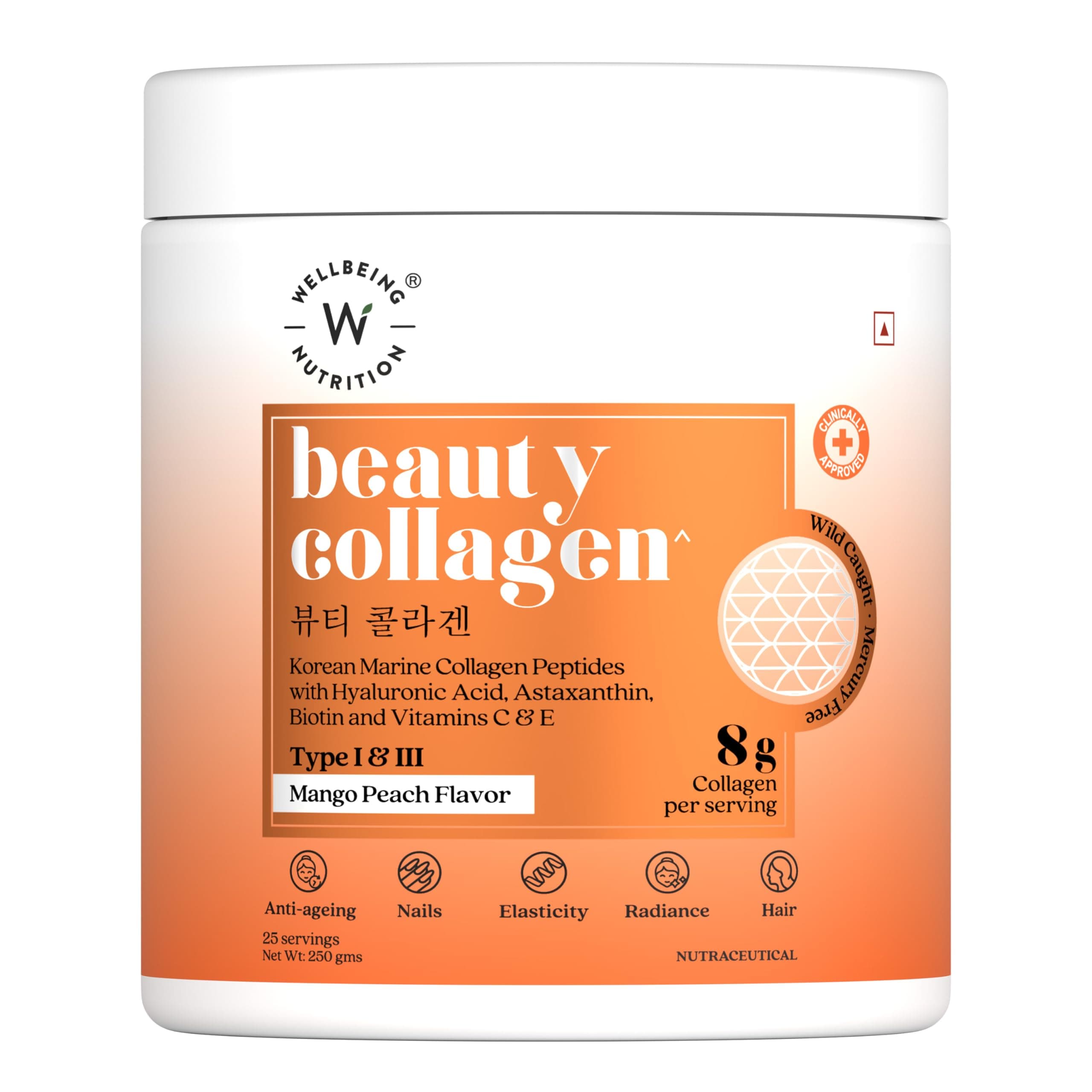Beauty Collagen with Hyaluronic Acid | Collagen Supplements for Women & Men | Collagen Powder with Biotin and Vitamins for Skin Radiance & Anti-Aging | 250g - Mango Peach Flavor