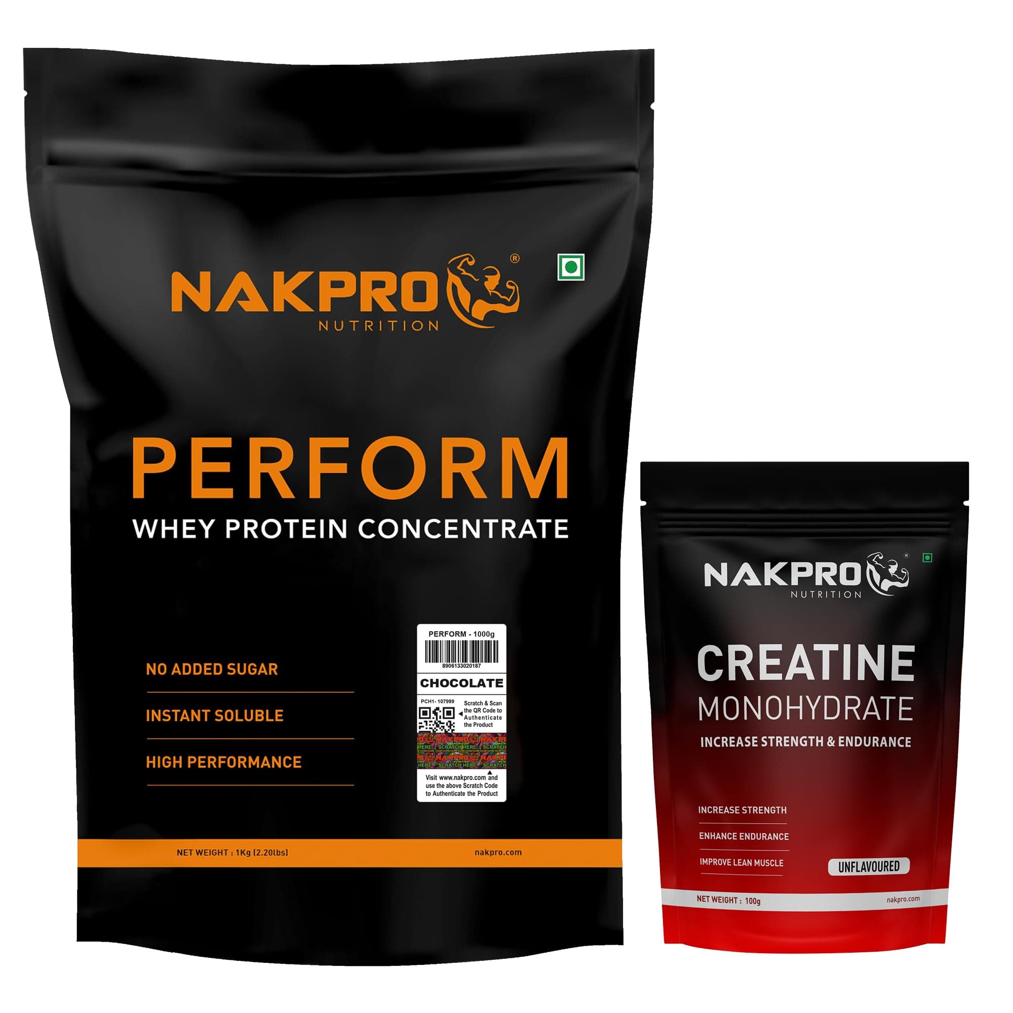 Perform Whey Protein Concentrate, 1 Kg Chocolate with 100g Creatine - Fruit Punch | Fast Dissolving & Muscle Recovery Workout Drink, Lean Muscle Growth Powder (Combo Pack) (1kg with 100g Creatine Unflavoured, Chocolate)