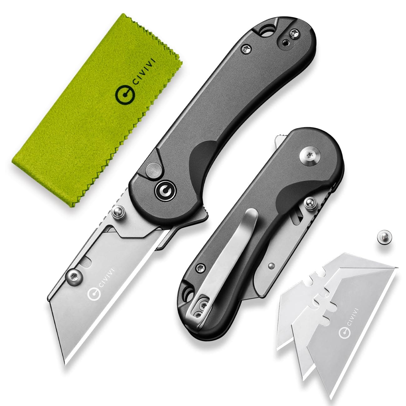 Folding Utility Knife Box Cutter, Elementum Utility Pocket Edc Knife with 3Pcs Extra Razor Blades, Three Ways to Open, Ideal Gifts for Men Women C23039B-4