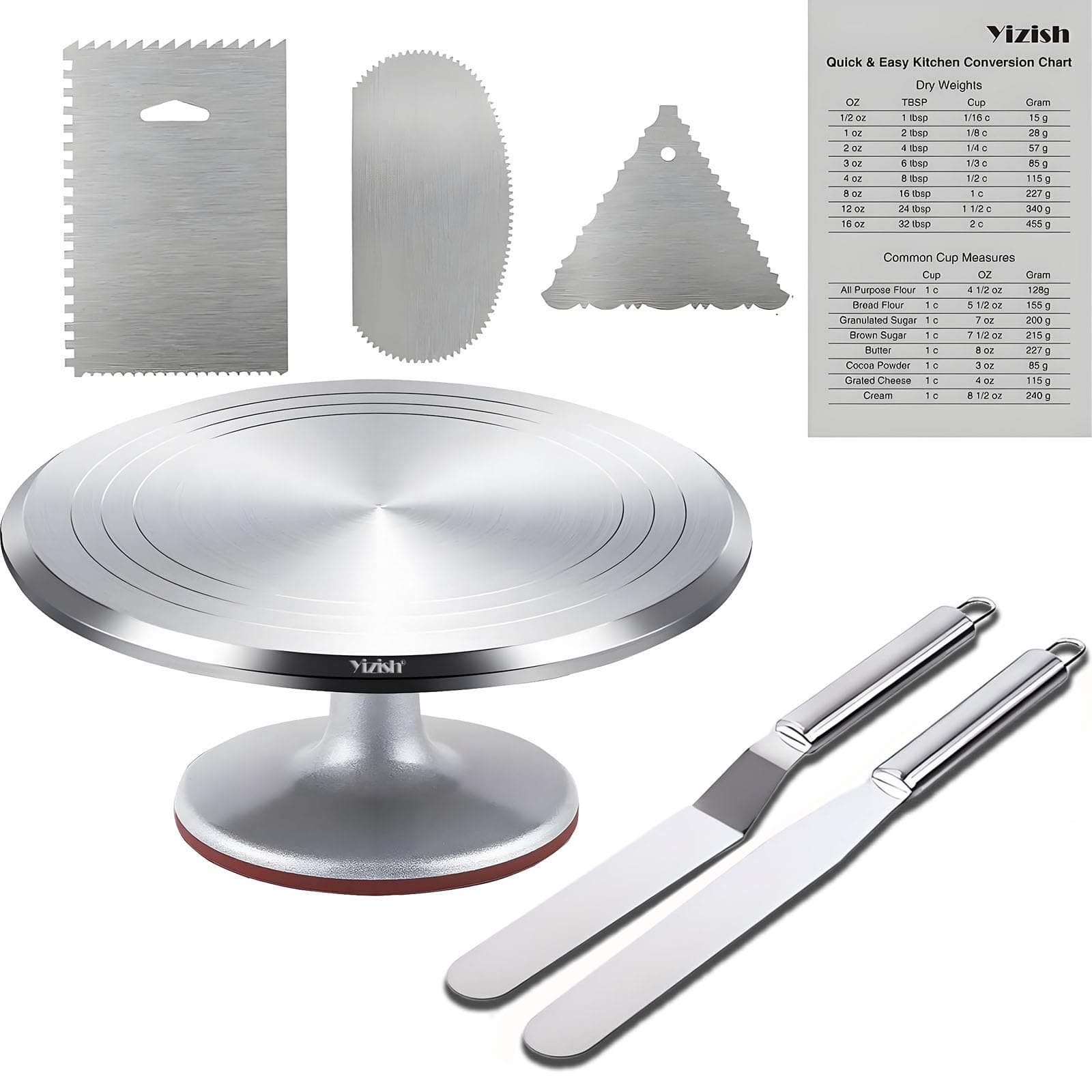 Yizish Cake Turntable Aluminum Alloy, 12 Inch Rotating Cake Stand Decorating Kits with Stainless Steel Icing Spatula (2pcs) and Icing Smoother (3pcs) for Baking, Pastries and Cupcakes, Gift Set