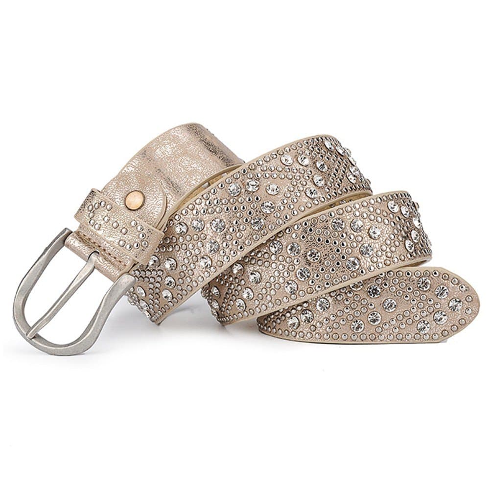 Women's Gold Retro PU And Cow Composite Rhinestone Studded Rivets Belt (Gold)