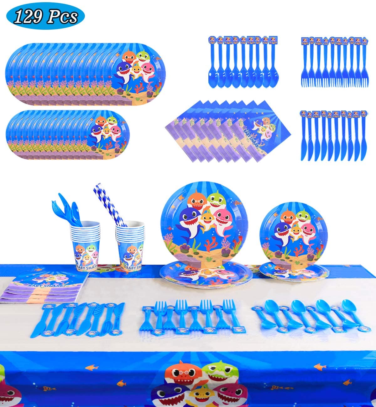 Shark Party Supplies for Baby - 144 Pcs Including Flatware, Spoons, Plates, Cups, Straws,Napkins Birthday Party Decorations Favor Pack Set for Kids Girls