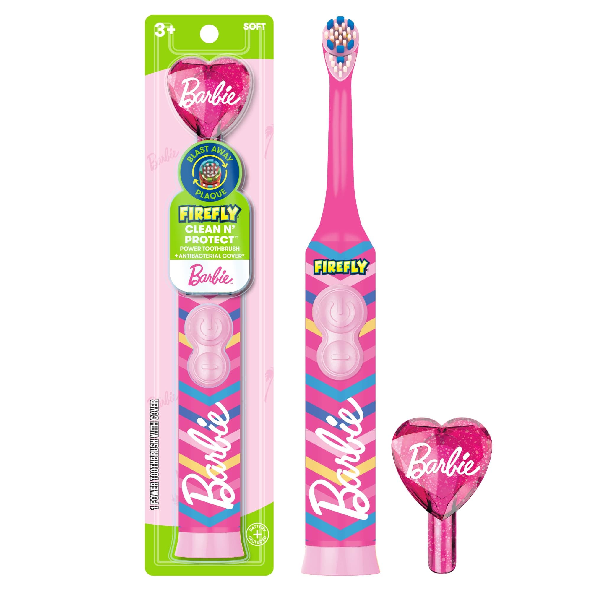 Clean N' Protect Barbie Toothbrush with Antibacterial Cover, Soft Bristles, Battery Included, Ages 3+, 1 Count