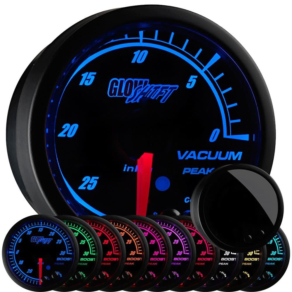 GlowShift Elite 10 Color Vacuum Gauge Kit - Includes Electronic Sensor & Hose Kit - Black Dial - Tinted Lens - Peak Recall Function - 2-1/16" 52mm