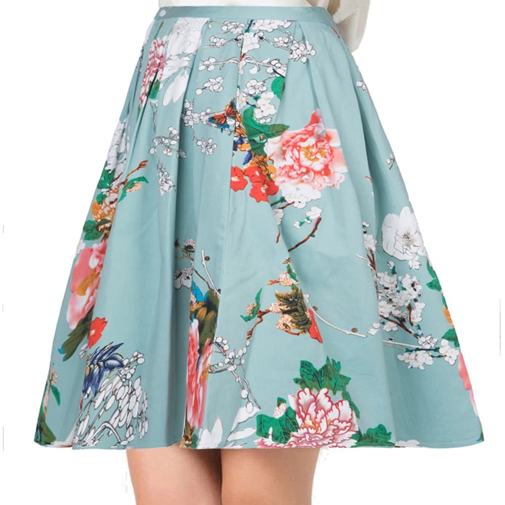 Women Pleated Vintage Skirts Floral Print with Pockets (x-Large, Green)