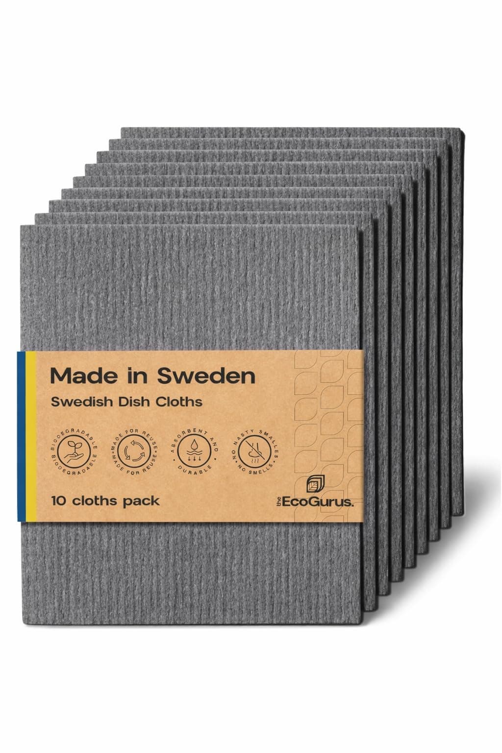 Original Swedish Dishcloth | Made in Sweden | 10 Reusable Cleaning Cloths | Biodegradable Cellulose Sponge for Kitchen & Bathroom | Suitable for All Surfaces | Odour-Resistant Eco Cleaning | Gray