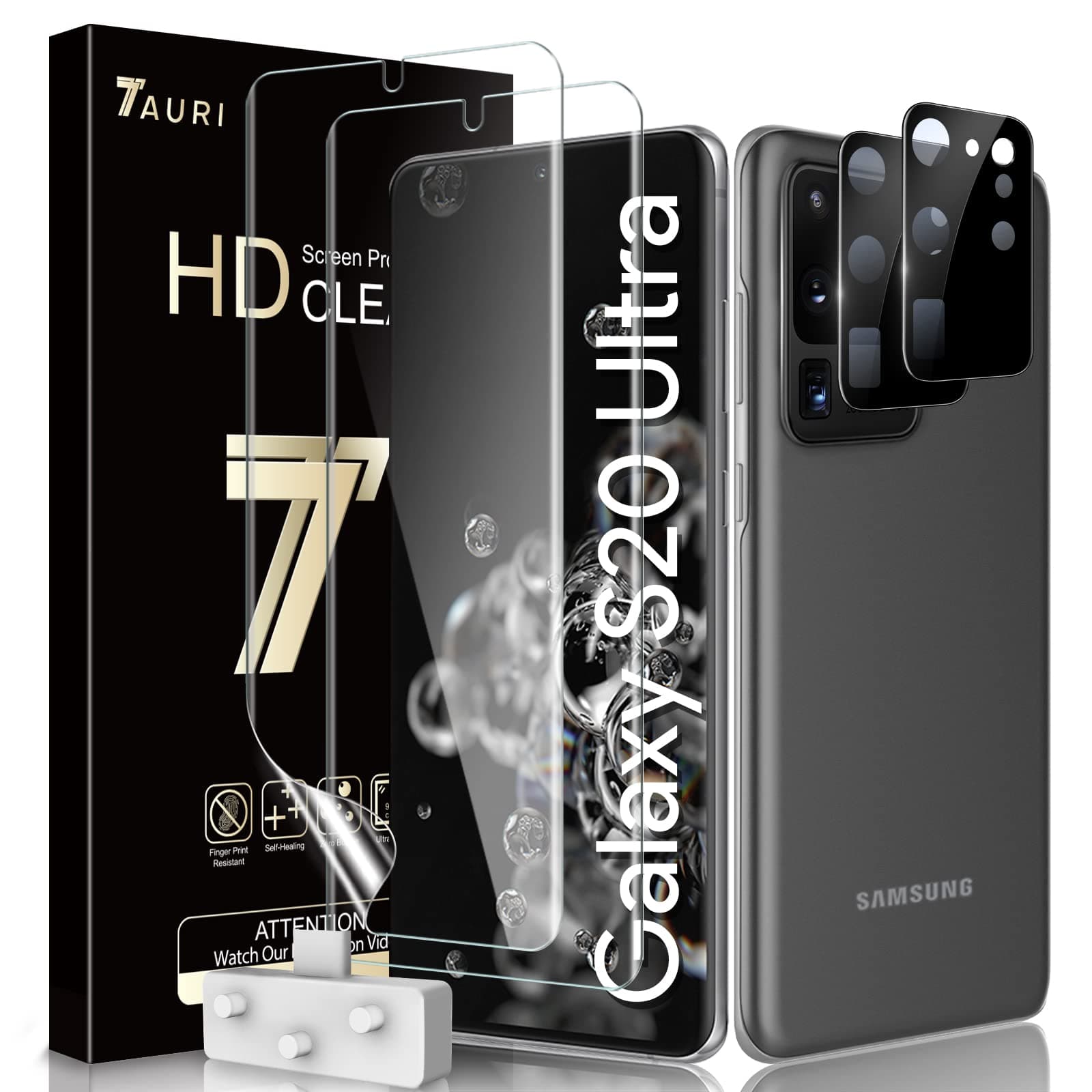 TAURI 2 Pack Flexible TPU Film Screen Protector and 2 Pack Tempered Glass Camera Lens Protector for Samsung Galaxy S20 ultra 6.9-inch HD-Clear Scratch-resistant Bubble Free