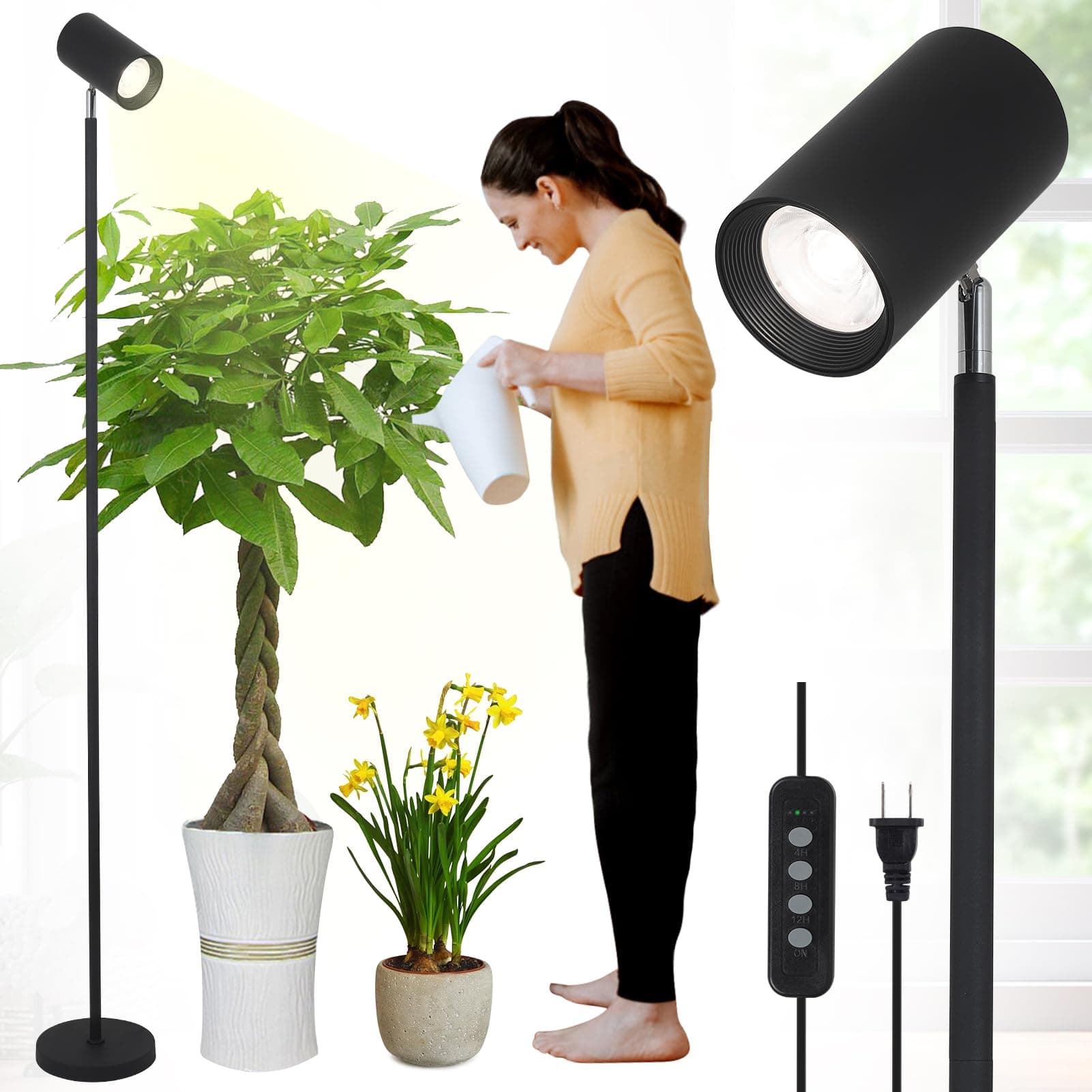 - HMVPL Grow Lights Stand for Indoor Plants Full Spectrum Tall Plant Light for Indoor Growing with 20W COB Plant Light Bulb,4/8/12H Timer, Led Growth Floor Lamp for Large Plant Seedling(6 Level Height)
