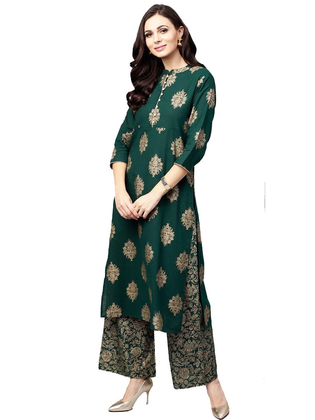 Fashion SAY Women's Crepe Straight Gold Printed Kurti | Kurta Palazzo Set (Multicolor) - P