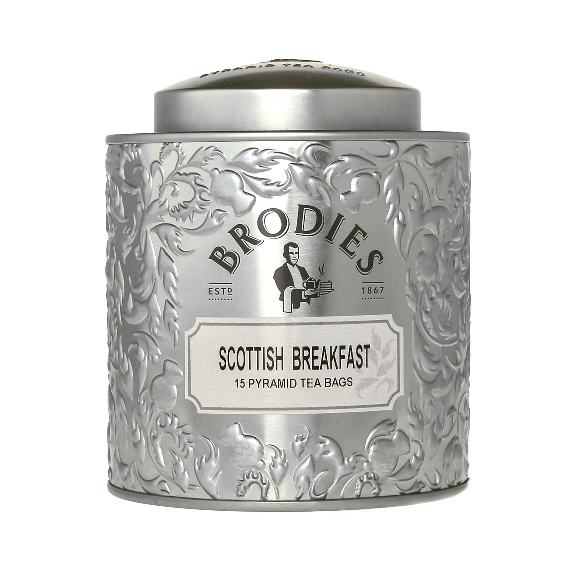 Scottish Breakfast Pyramid Tea - Gift Tin Caddy Silver Colour (15 Pyramid Tea Bags) - Brodies were the first to create the classic Scottish Breakfast Blend back in 1892