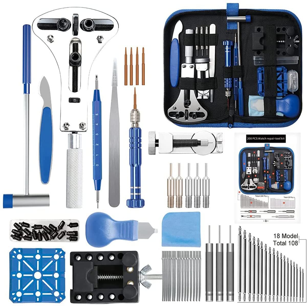 Kingsdun Watch Repair Kit, Professional 208Pcs Watch Battery Replacement Tool Watchband Link & Back Remover, Spring Bar Tool Kit with Carrying Case & Instruction Manual, Blue, 208