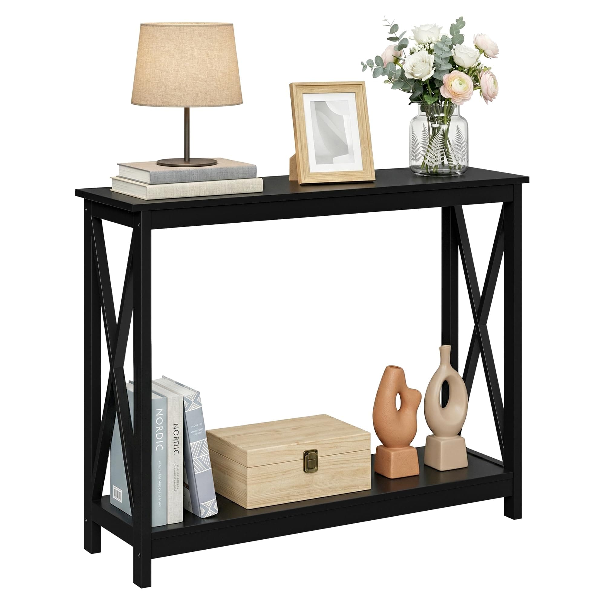 ZenStyle Sofa Side Console Table with 2 Storage Shelves Narrow Accent Table for Entryway/Hallway/Living Room, 39.3in L x 11.8in W x 31.6in H, Black
