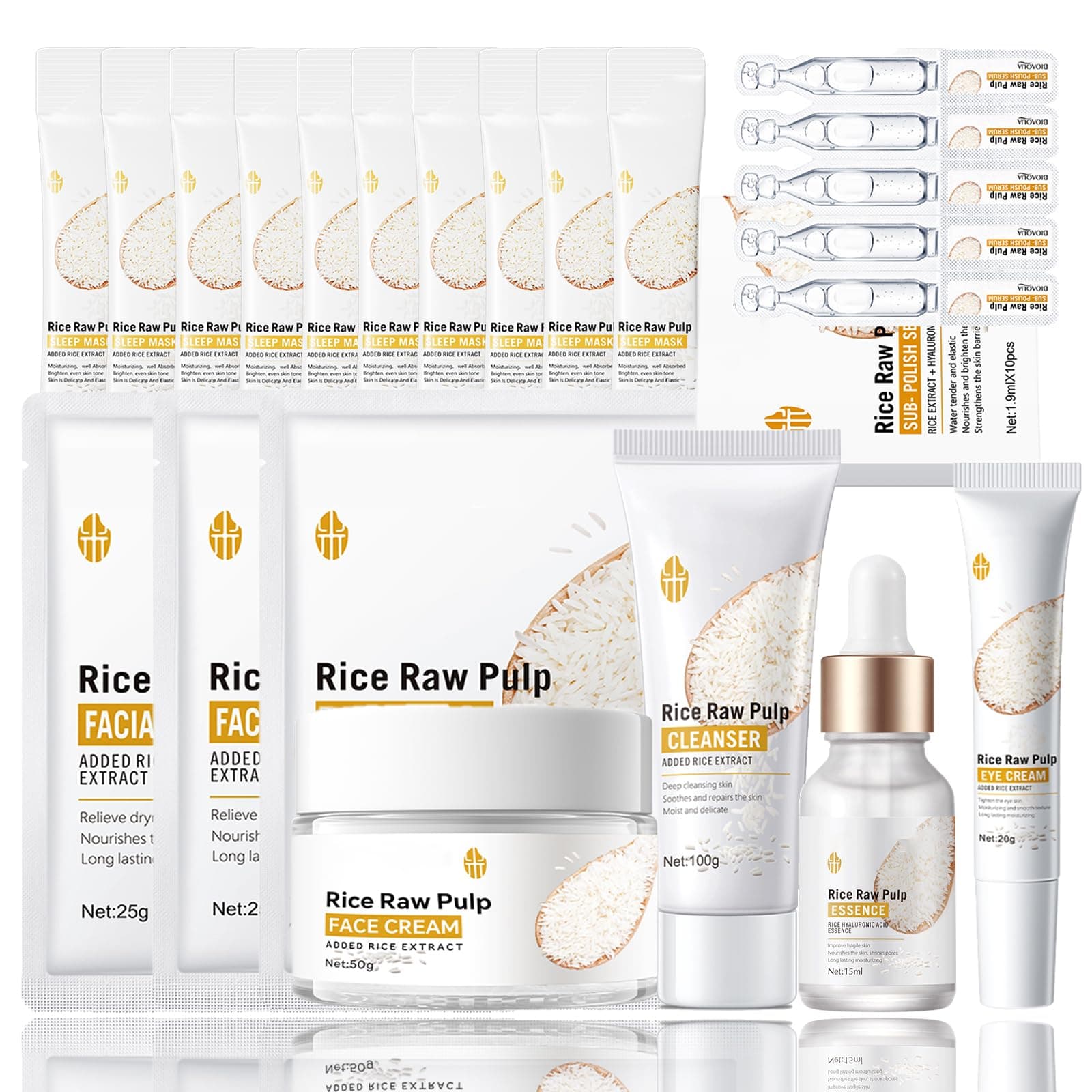 18Pcs Rice Raw Pulp Skin Care Sets & Kits, For Teenage Girls, Set Pamper Girls Gifts, Skincare Set, Cleanser, Serum, Cream, Mask, Eye Cream,Sub- Polish Serum,Sleep Mask
