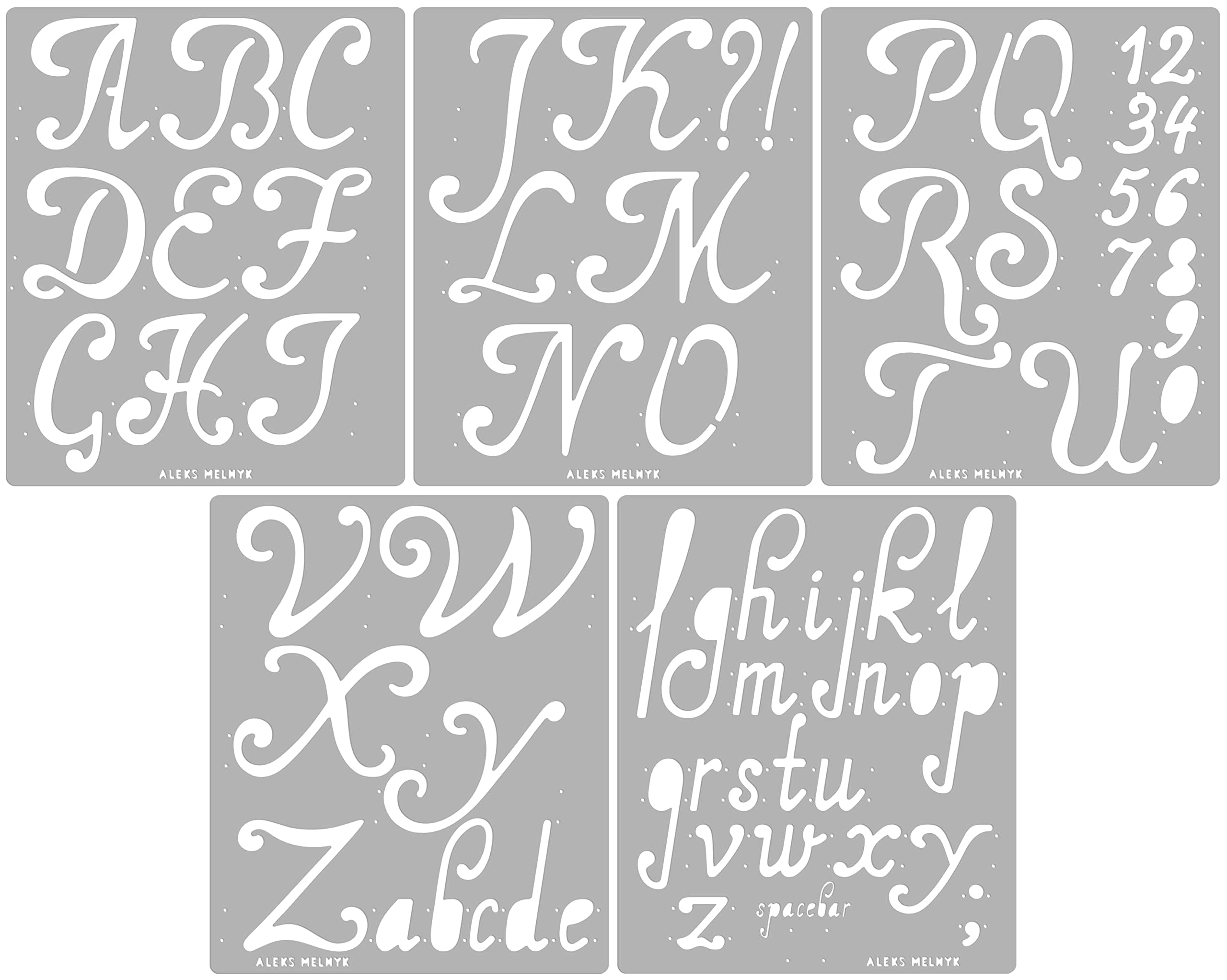 Aleks Melnyk No.56 Pyrography Stencils, Wood Burning 5 PCS Templates, Metal Letters, Engraving Wood and Patterns, Alphabet and Number, Lettering, Letting, Stainless Steel Journal Stencils