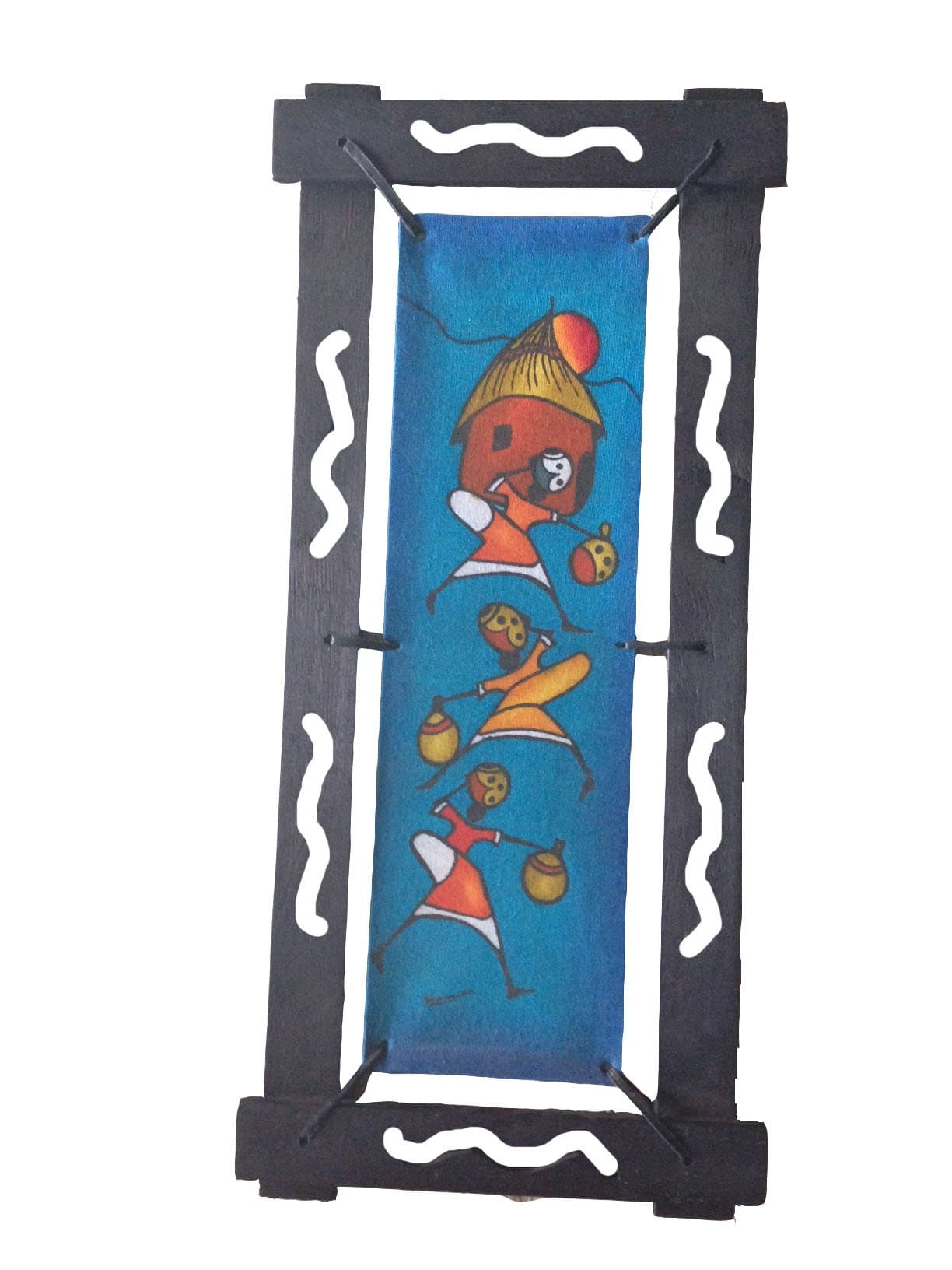 Framed Batik Painting- Women Walking with Pots on Their Head: Blue