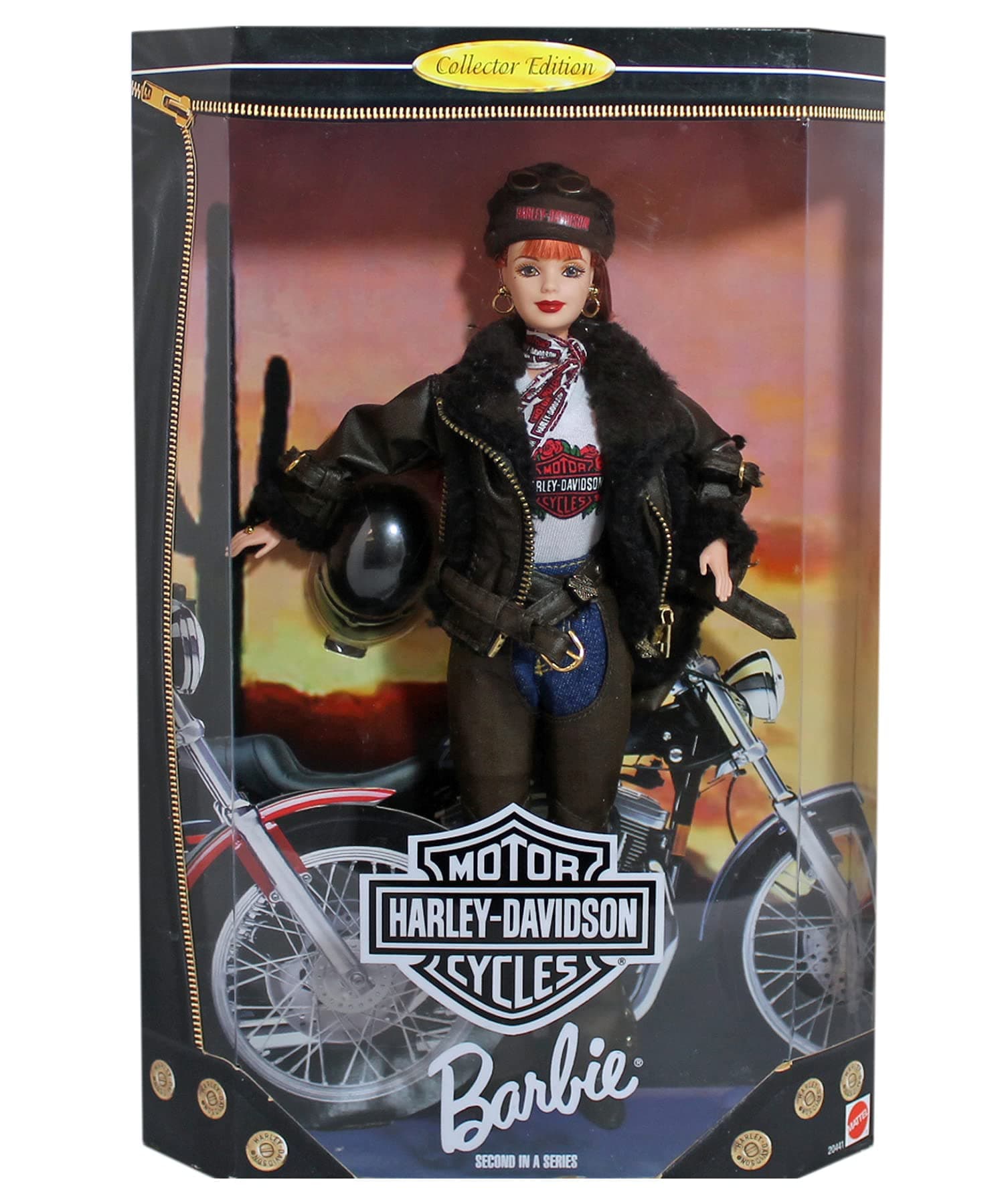 Year 1998 Motorcycles Harley-Davidson 2nd In A Series 12 Inch Doll Set with Barbie Doll, Jacket, Shorts, Chaps, T-Shirt, Belt, Scarf, Boots, Cap, Helmet, Satchel, Sunglasses, Doll Stand and Certificate of Authenticity
