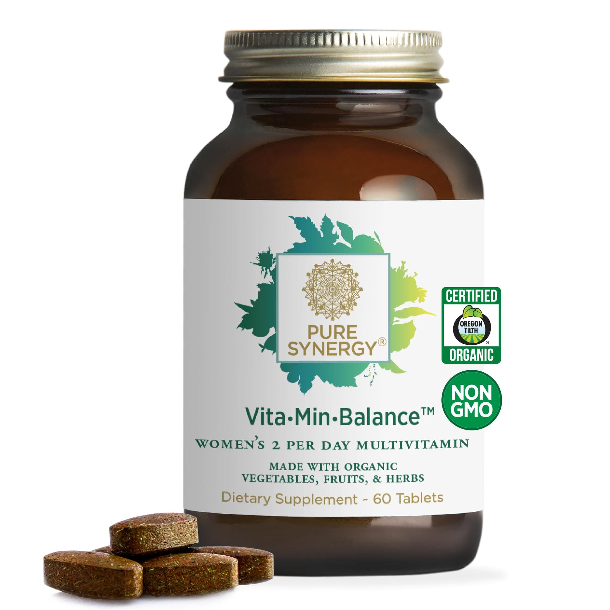 Pure SynergyVita·Min·Balance | Multivitamin for Women with Iron | Women’s Daily Multivitamin Made with Organic Whole Foods | for Balanced Energy and Stress Support (60 Tablets)
