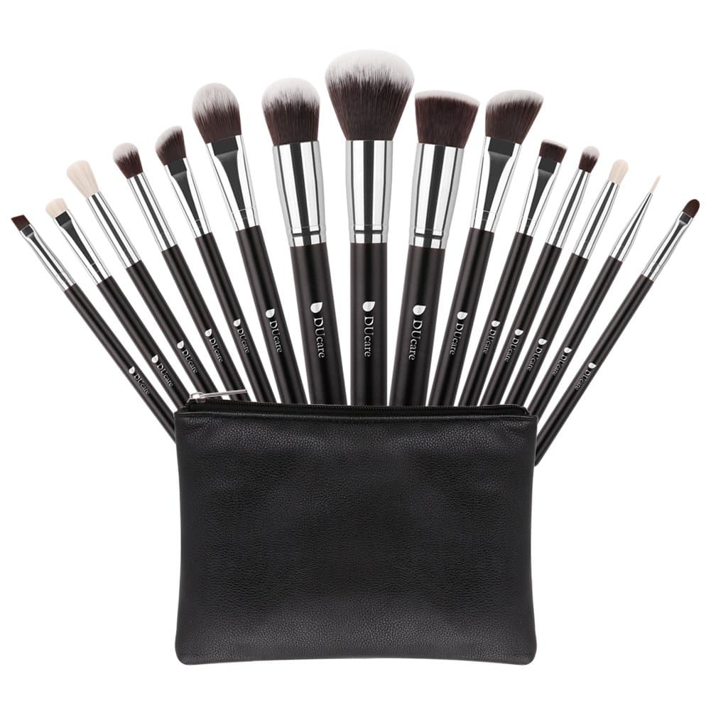 DUcare Makeup Brush Set Professional Foundation Face Powder Eyeshadow Blending Brush Tool with Leather Bag (15pcs, Black/Silver)