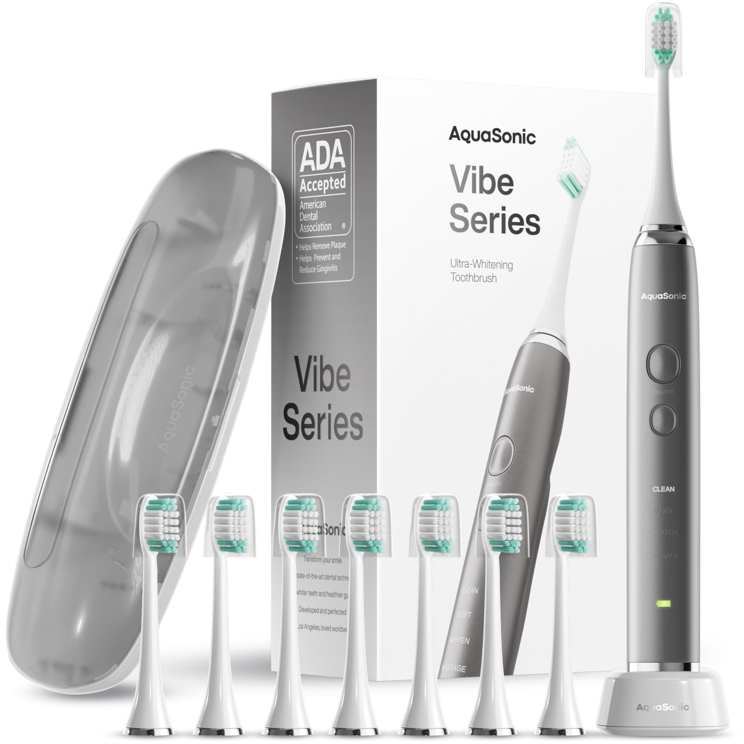 AquaSonic VIBE series Ultra Whitening Electric Toothbrush - 8 DuPont Brush Heads & Travel Case Included - Sonic 40,000 VPM Motor & Wireless Charging - 4 Modes w Smart Timer - Charcoal Metallic