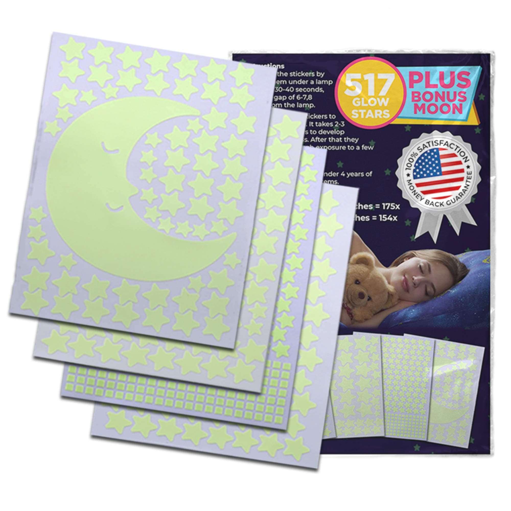 517 Glow in The Dark Stars for a Starry Sky Plus Bonus Moon | Fluorescent Star Stickers for Children’s Room | Bedroom Decor