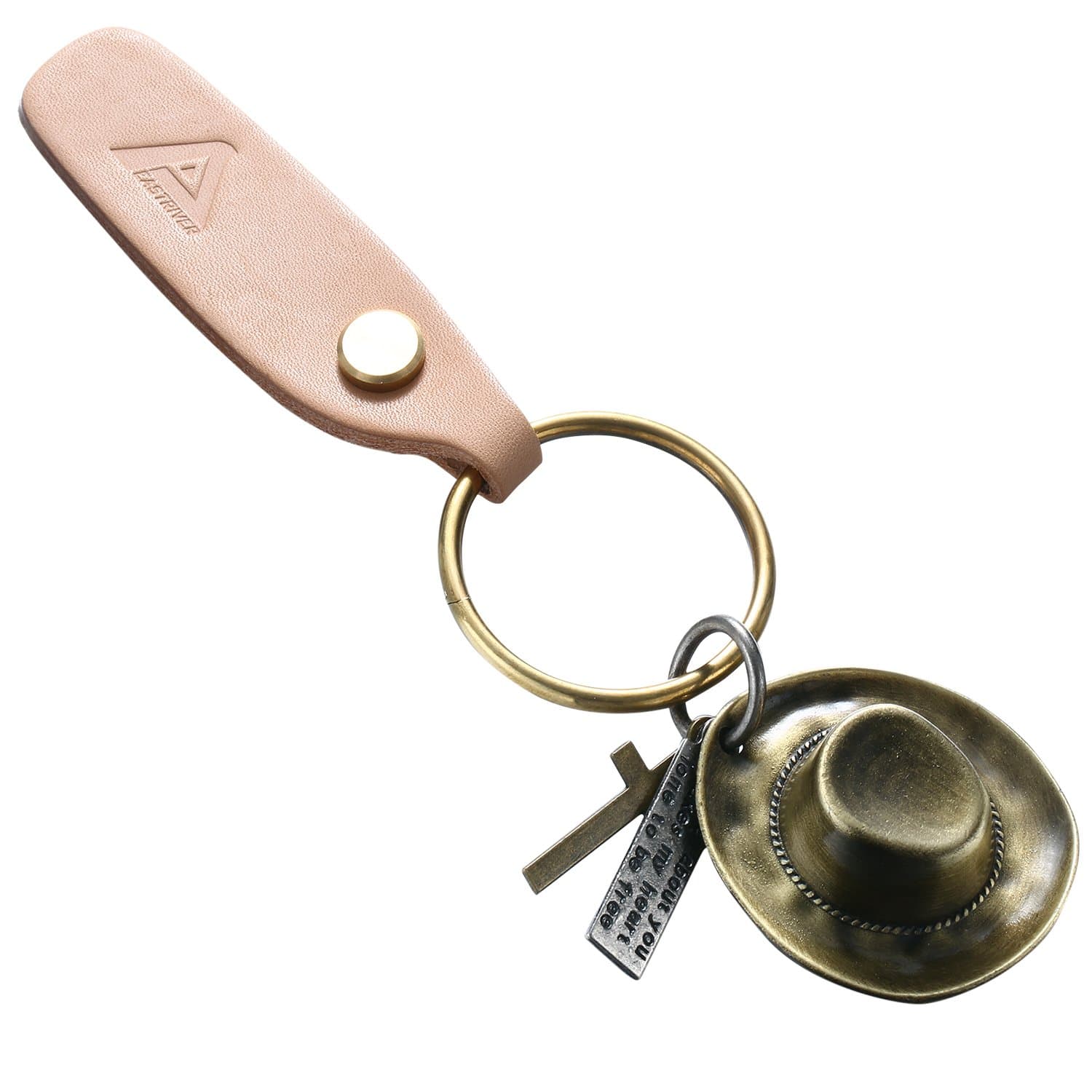 EASTRIVER Brass Key Chain Rustless Copper Key Ring Key Holder Key Organizer Hook and Leather Craft Handle with Mini Cowboy Hat Accessory, Stylish Design and Hand-made Nice Gift for Dad/Uncle/Grandpa