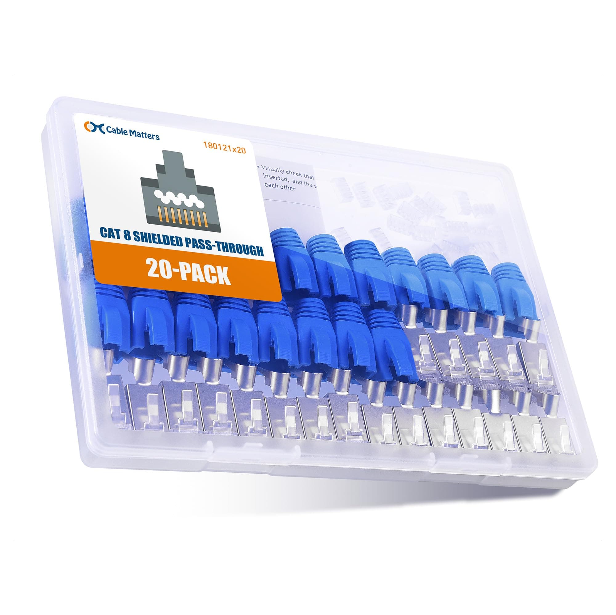 Cable Matters 20-Pack 23-24AWG Shielded Cat8 RJ45 Pass Through Connector with Load Bar & Strain Relief Boots, 50µ Gold Plated, Cat 8 Pass-Through RJ45 Plugs, NOT Compatible with 22AWG Cable