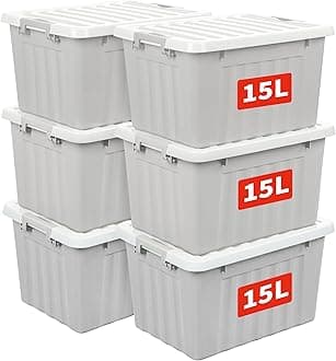 Cetomo 15L*6 Storage Boxes with Lids, Plastic Storage Box with Secure Side Latches, Stackable & Nestable Organizer for Home, Office, Moving, PP, Gray, 15L-6 Pack